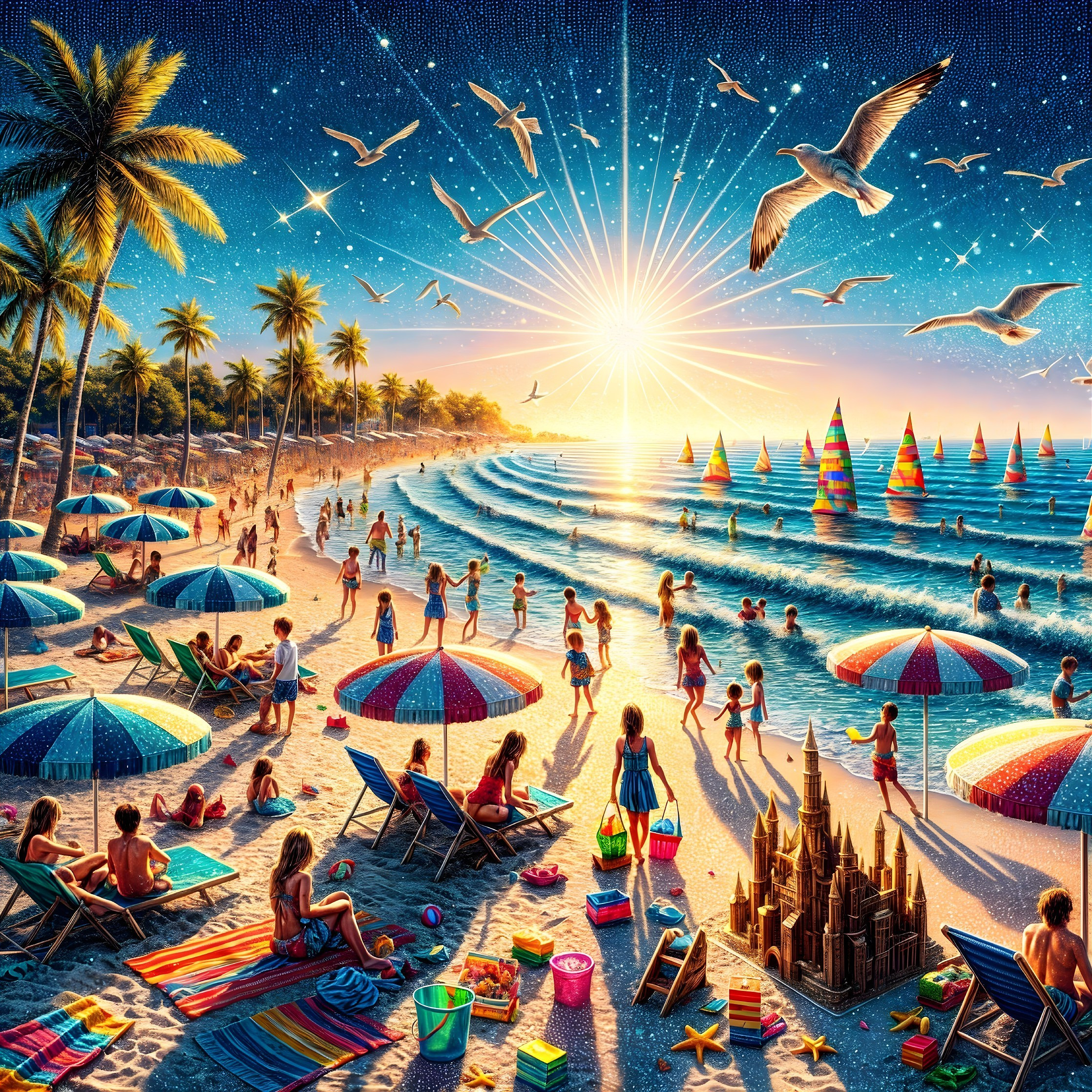 Vibrant Beach Scene at Sunset with Families and Fun