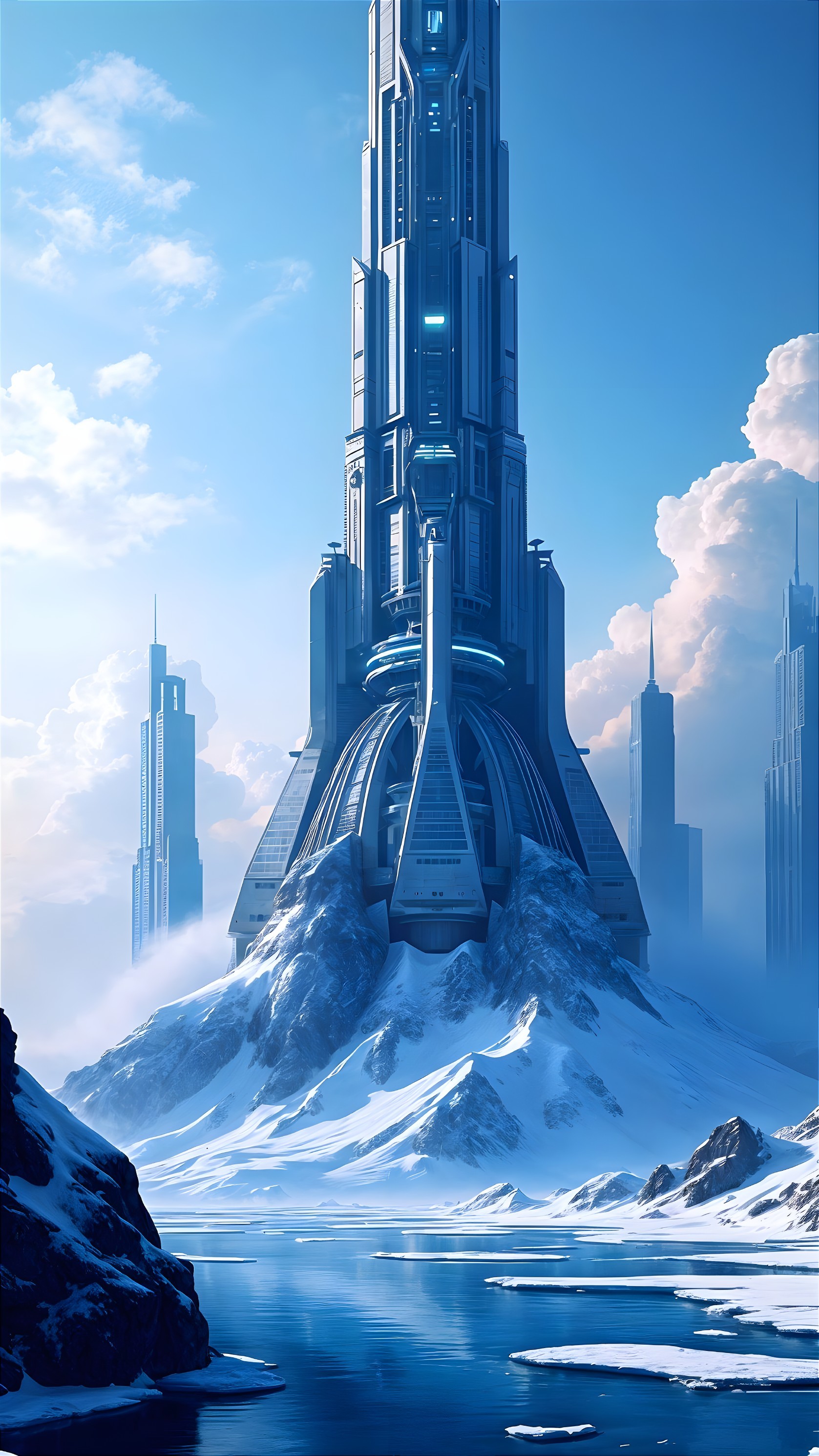 Futuristic Tower in Snowy Landscape with Water Body