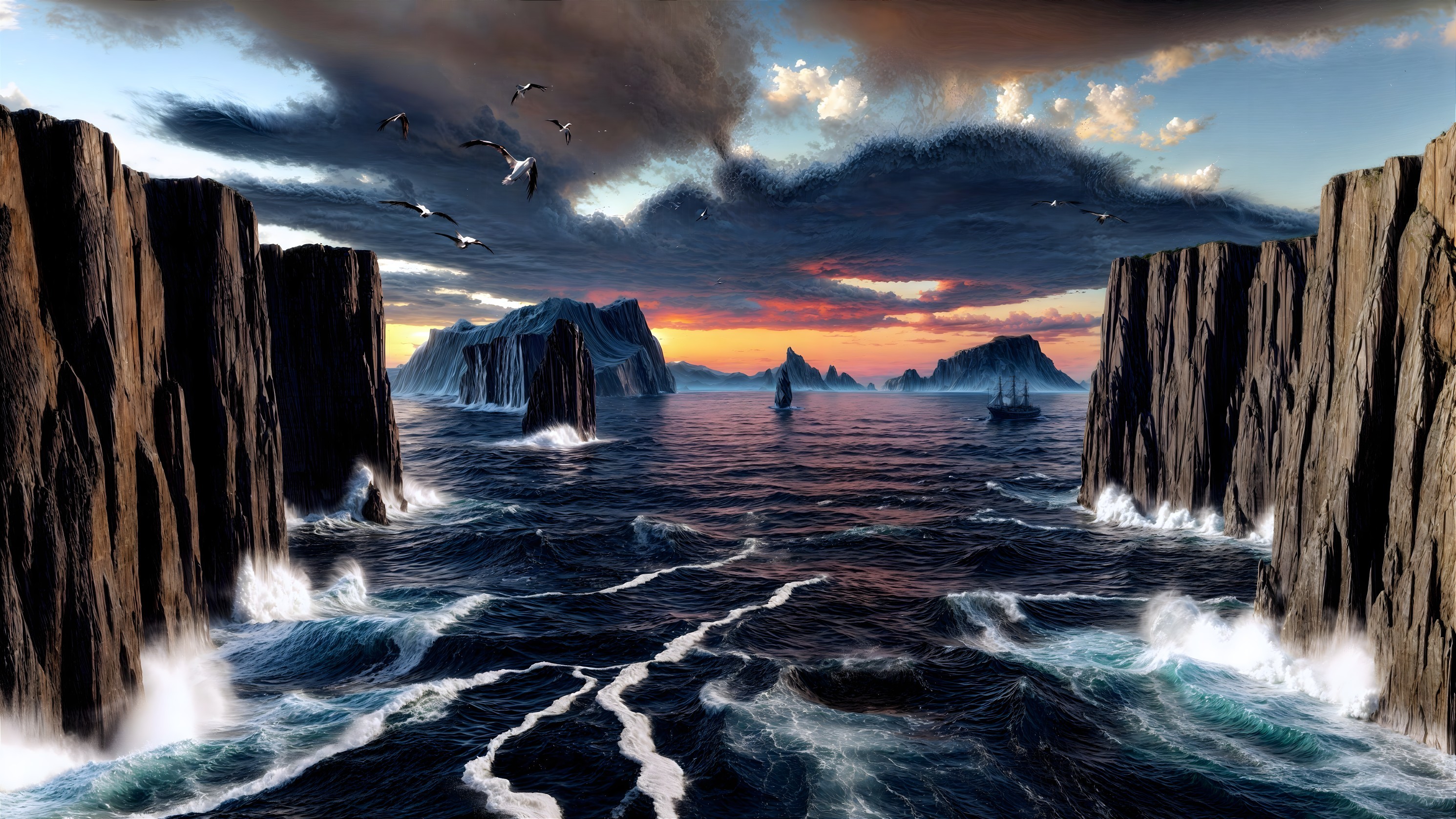 Dramatic Seascape with Cliffs and Vibrant Sunset