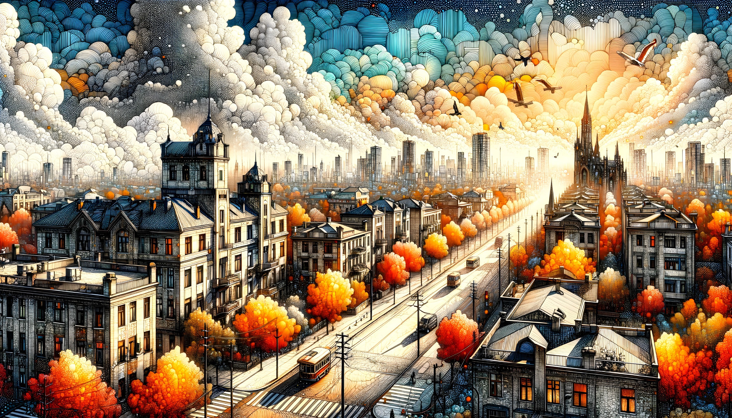 Colorful autumn cityscape with classical architecture and whimsical sky