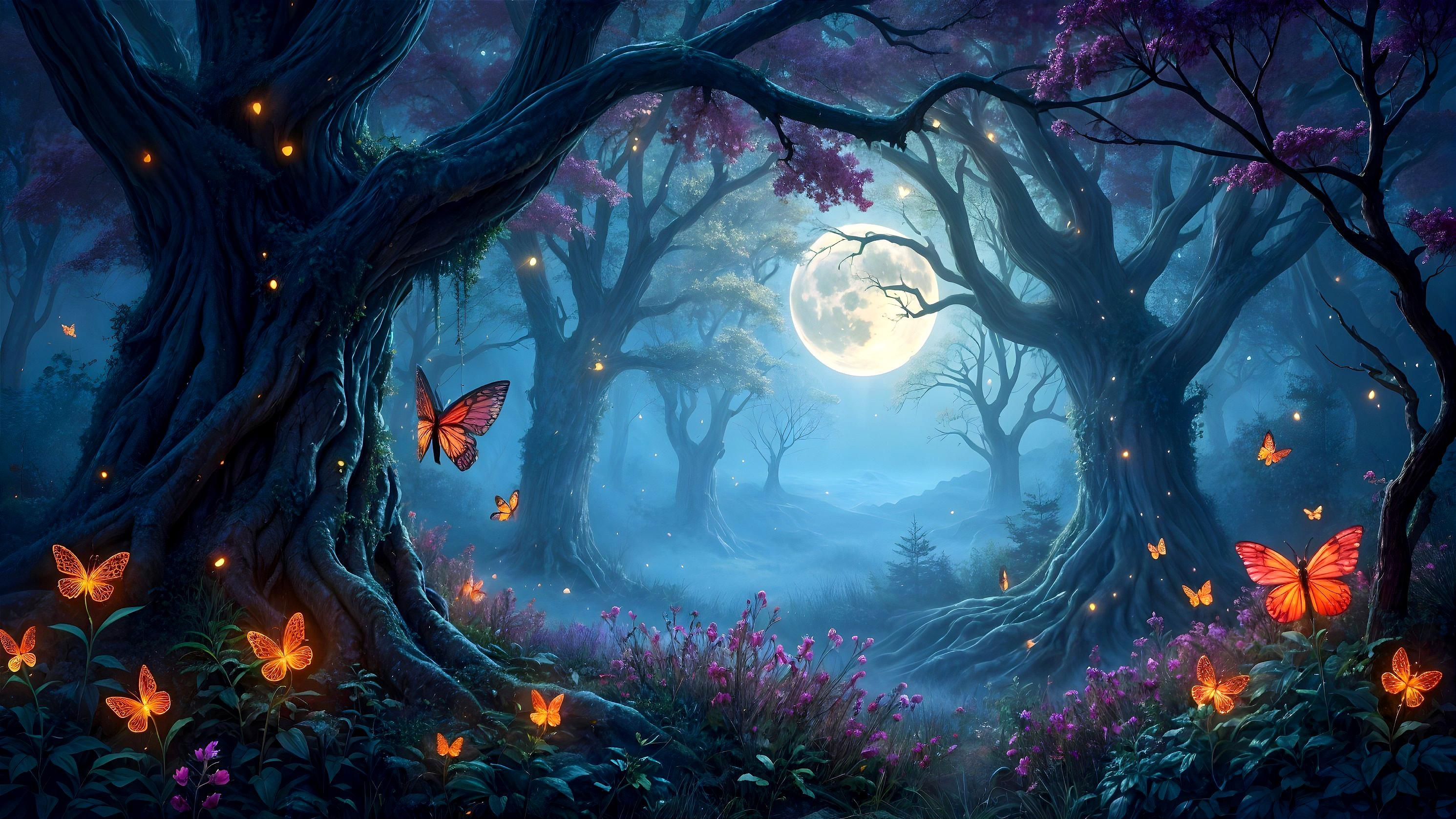 Magical Moonlit Forest with Mist and Butterflies