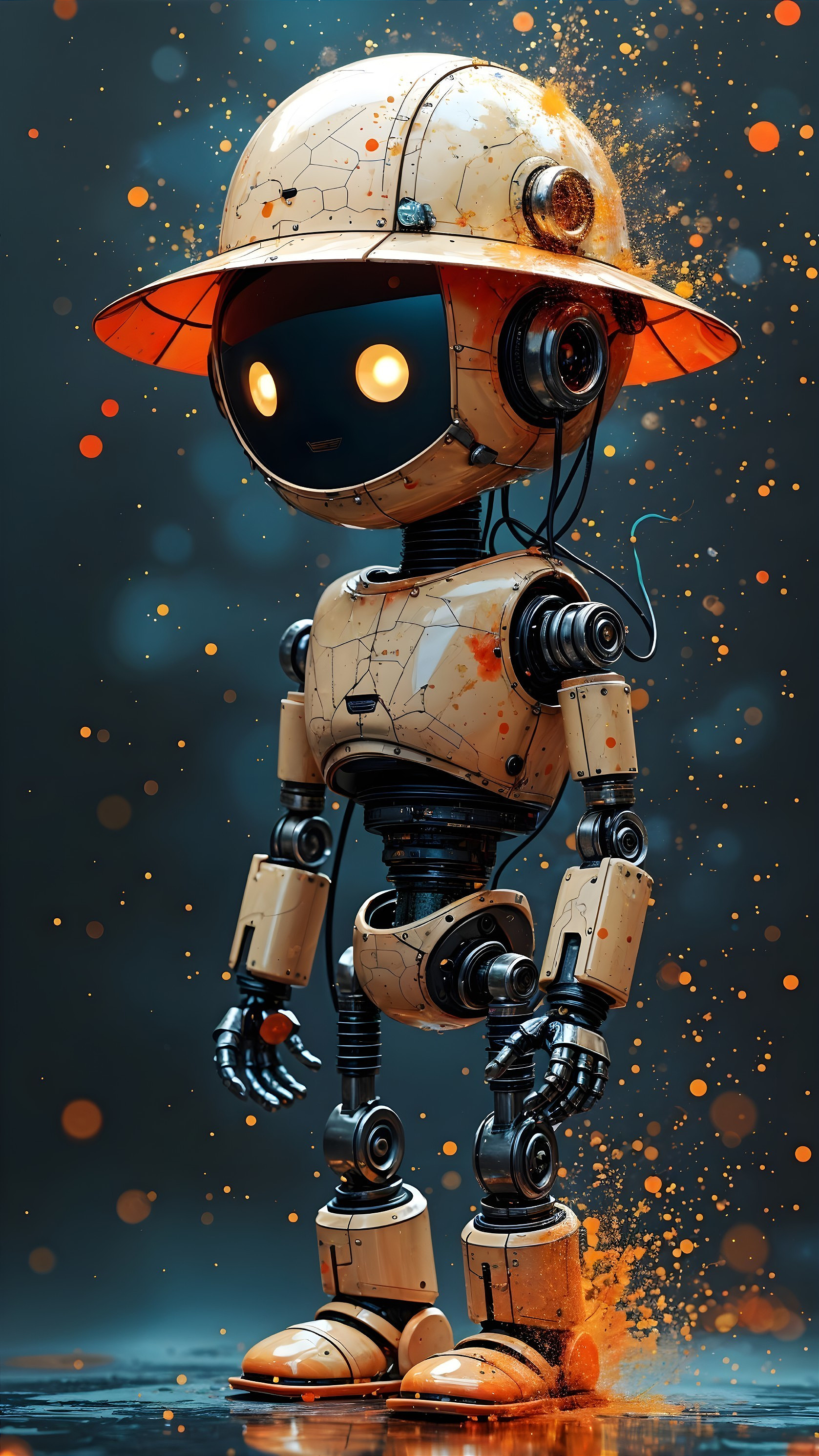 Whimsical Robot with Colorful Background and Accessories