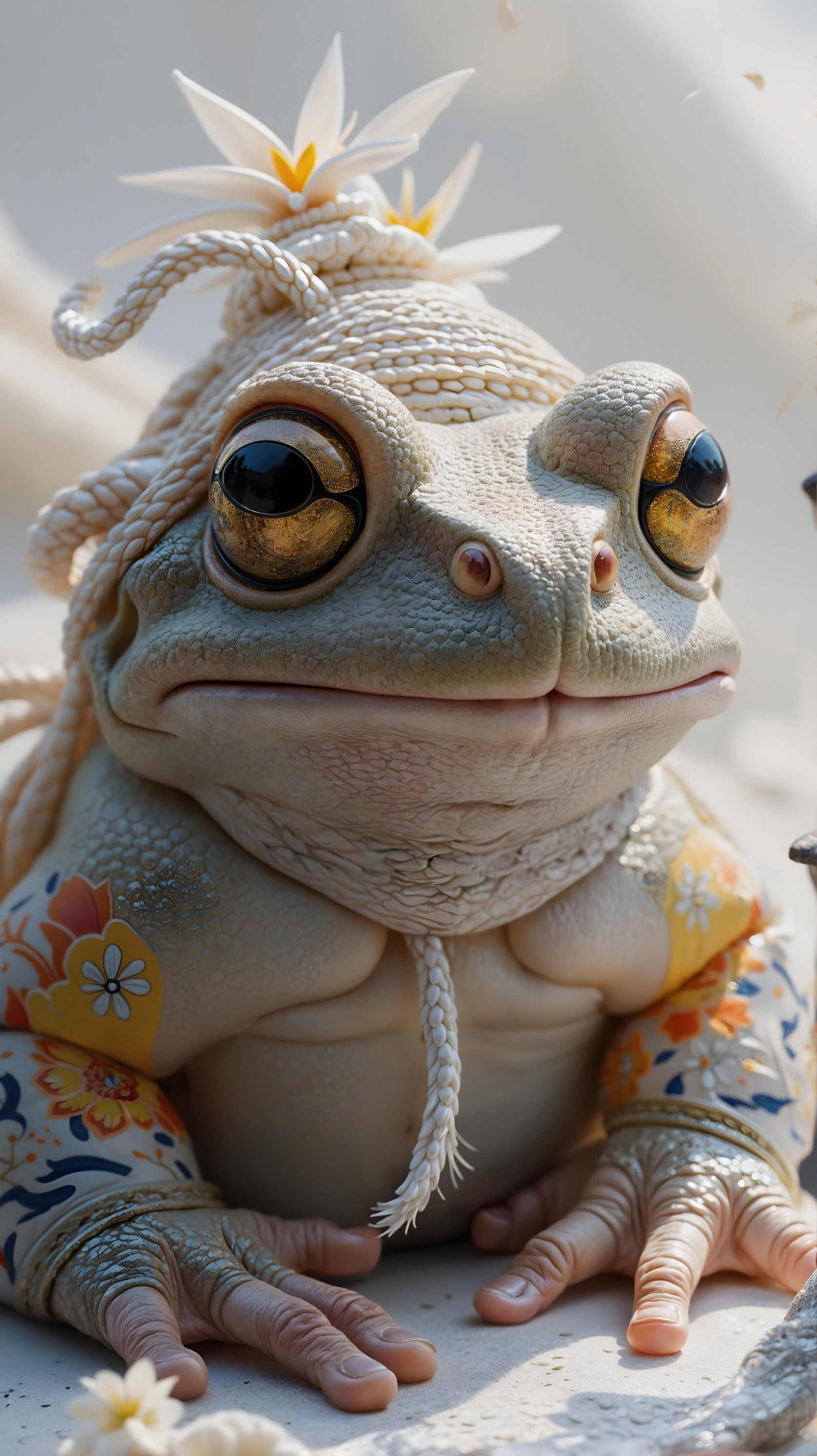 Whimsical Frog Character with Floral Tattoos and Braids