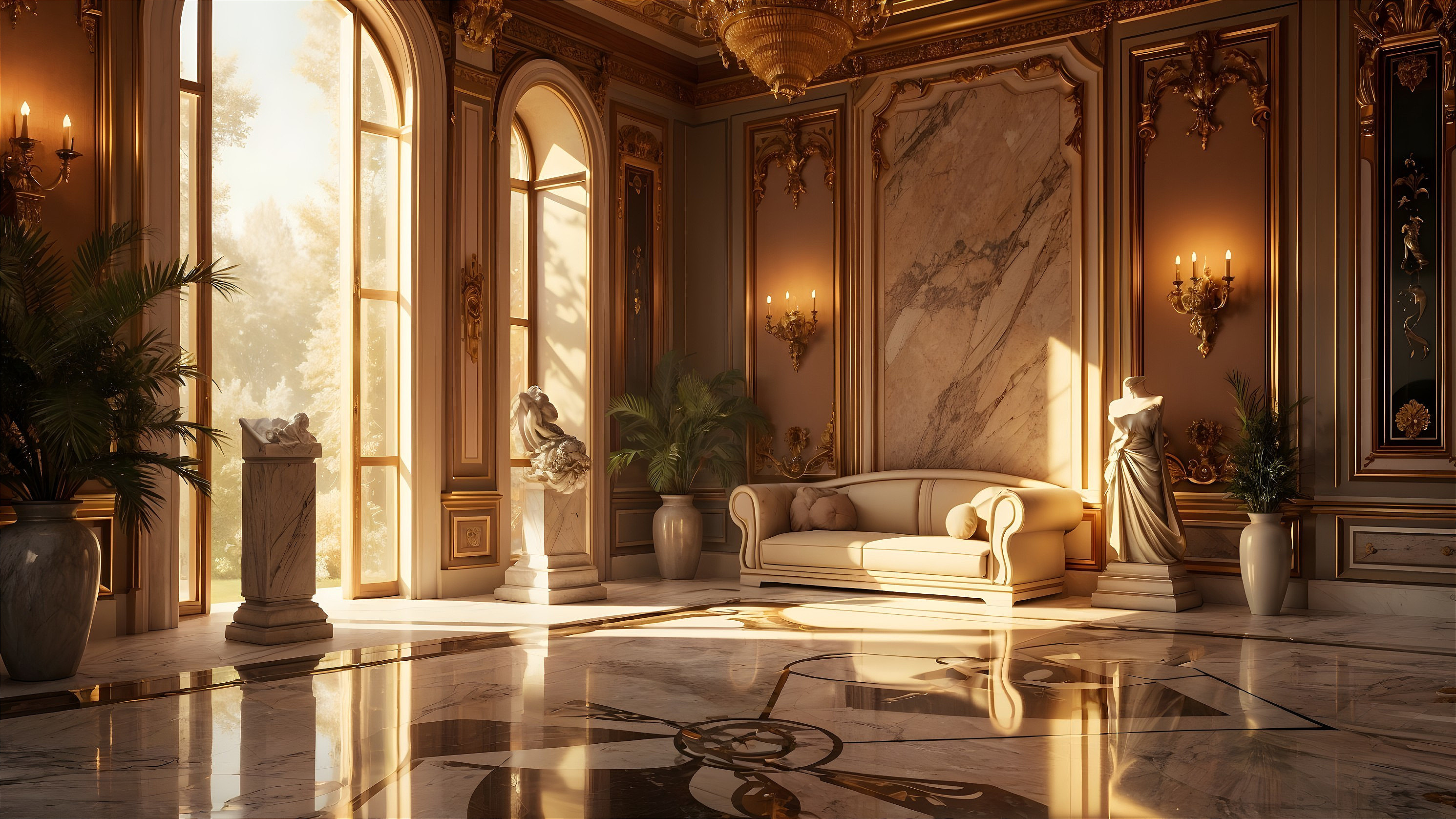 Luxurious Room with Cream Sofa and Marble Floors