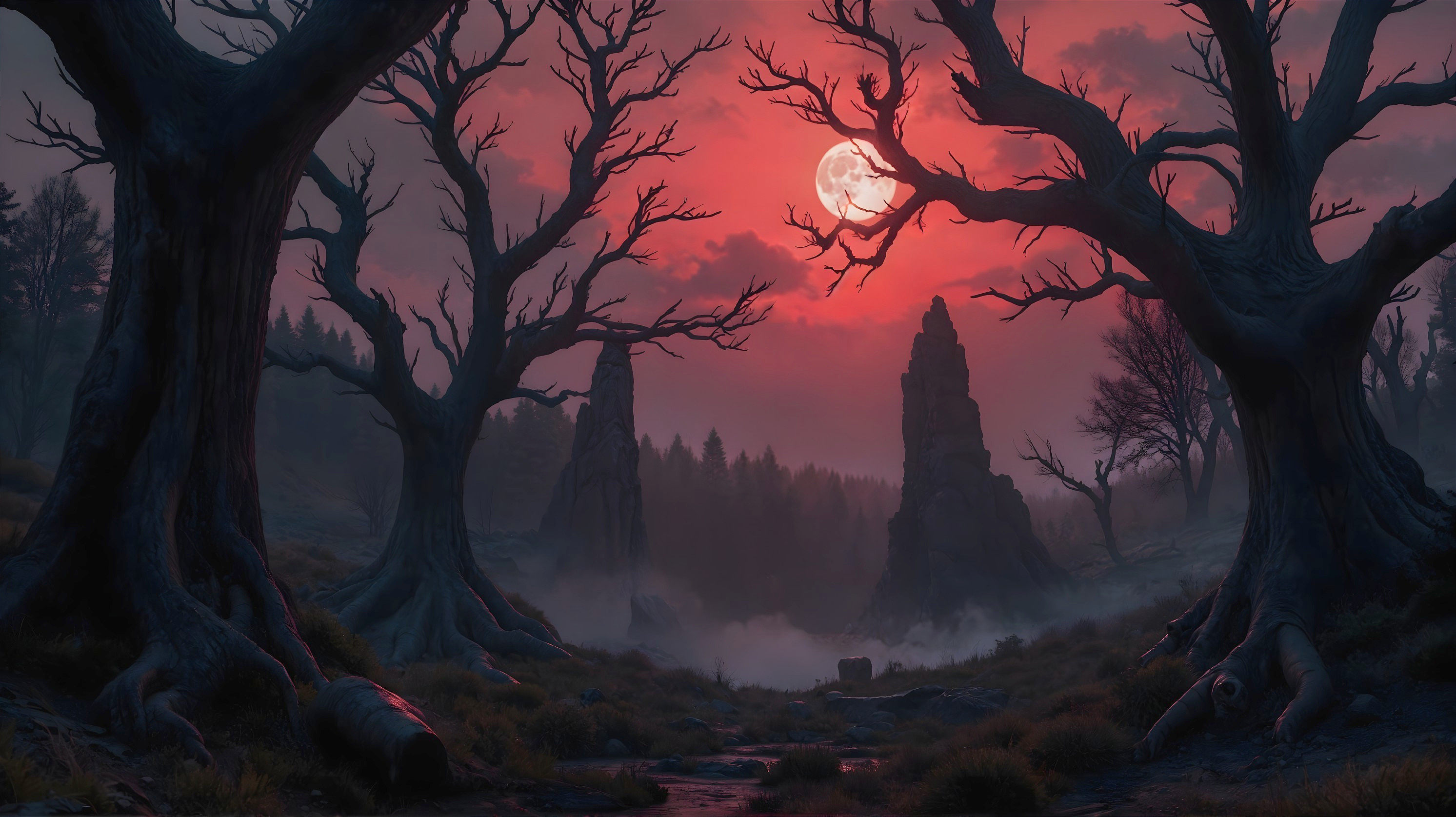 Haunting Landscape with Twisted Trees and Full Moon