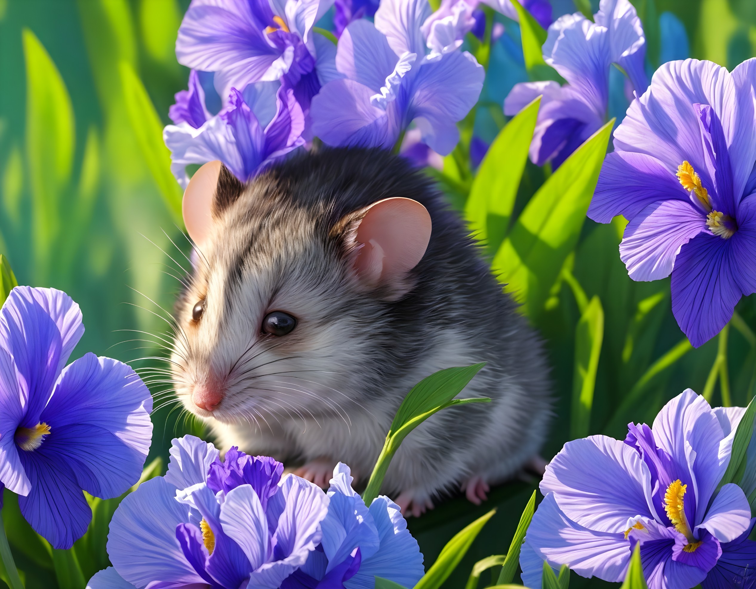 Hamster Surrounded by Purple Flowers in Nature Scene