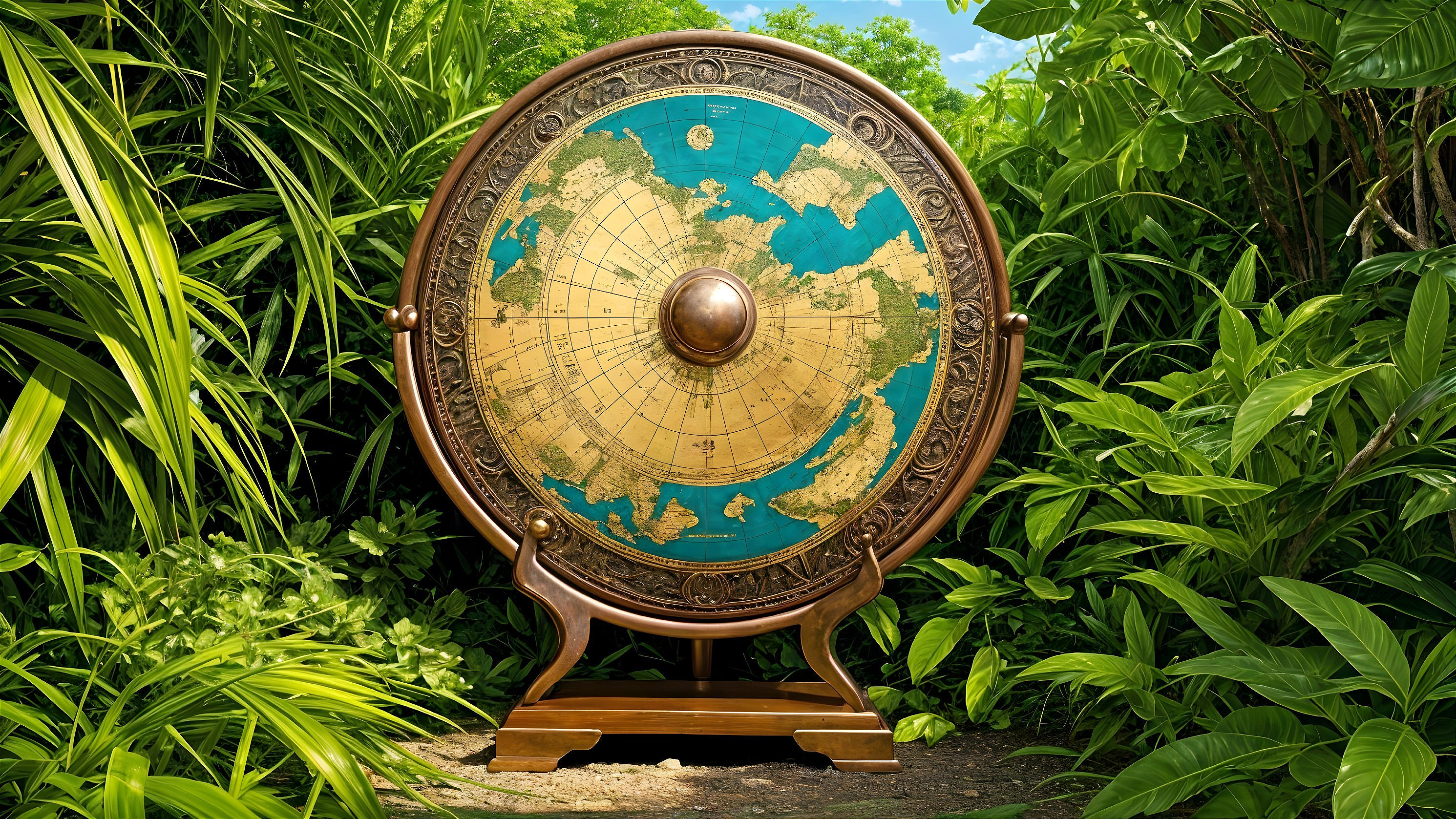 Vintage globe with intricate details in greenery
