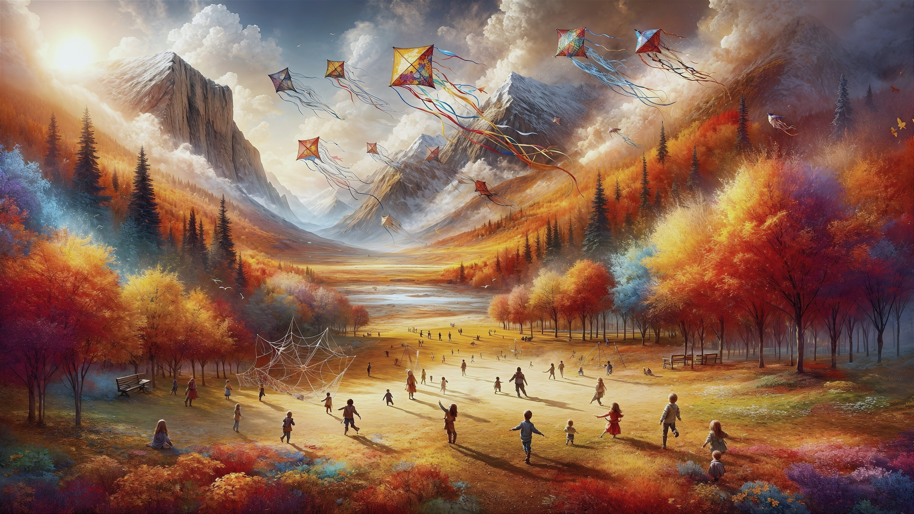 Autumn Landscape with Families Flying Colorful Kites
