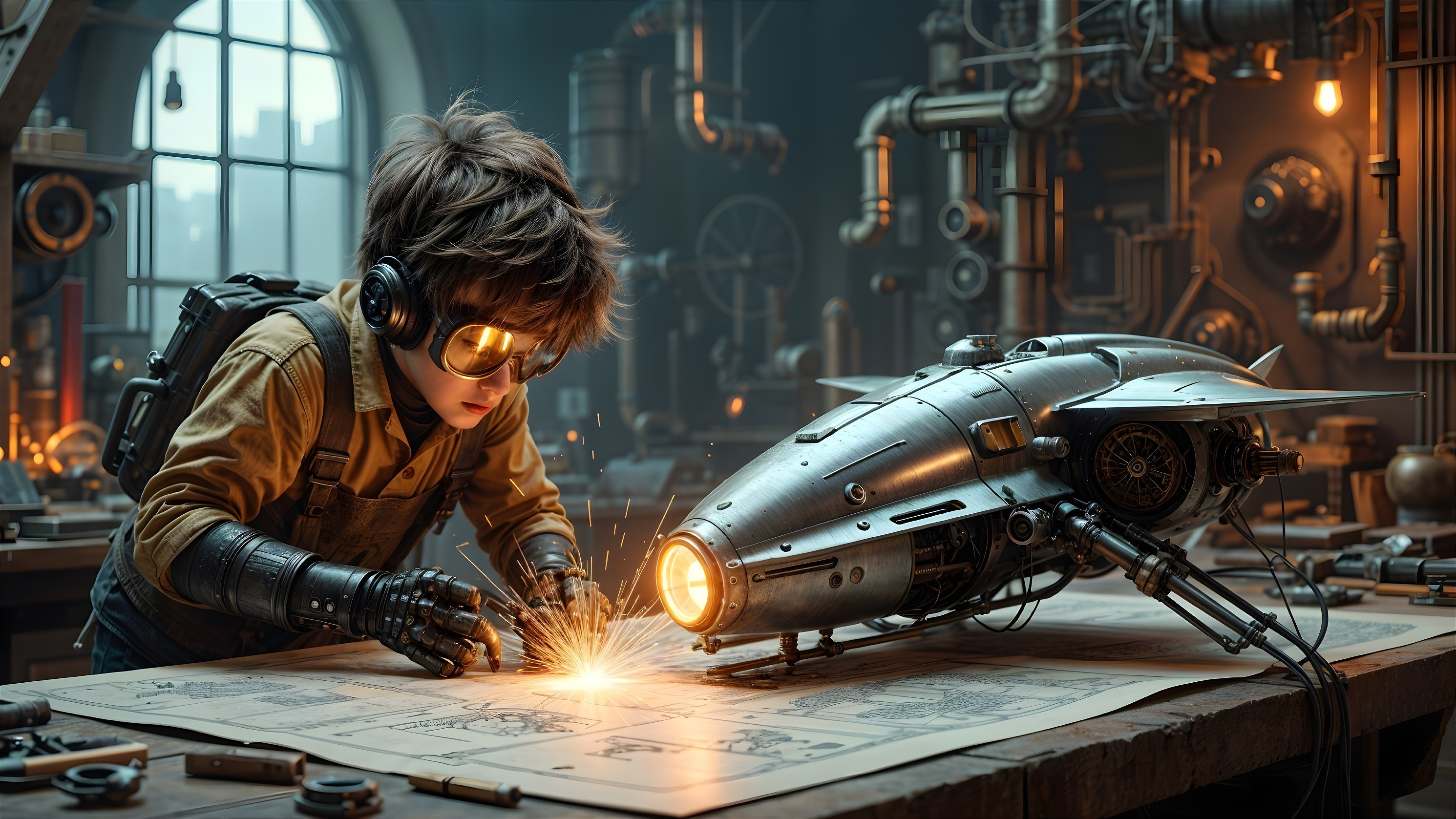 Child in Workshop with Retro-Futuristic Rocket Ship