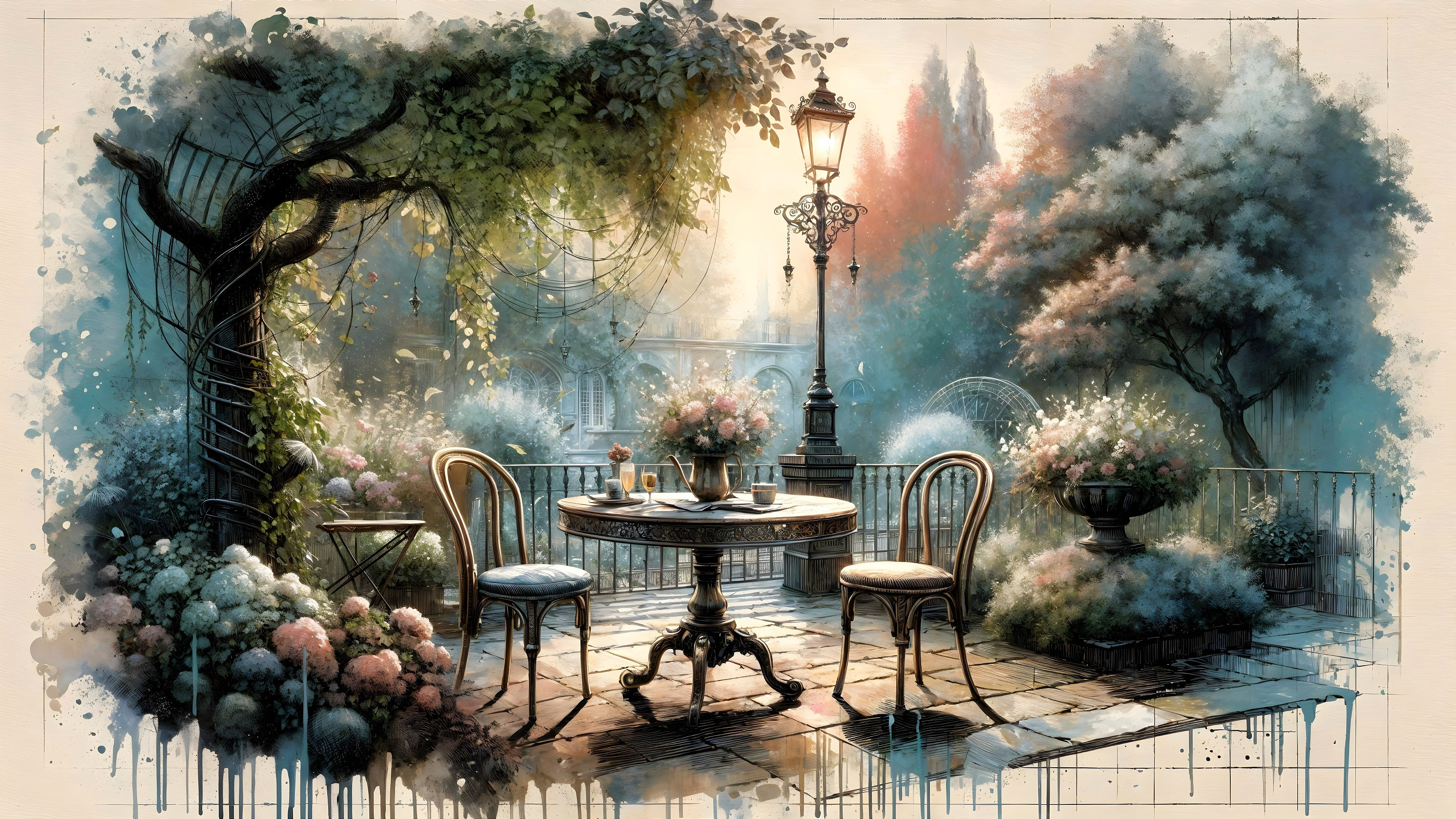 Serene garden scene with patio and blooming flowers