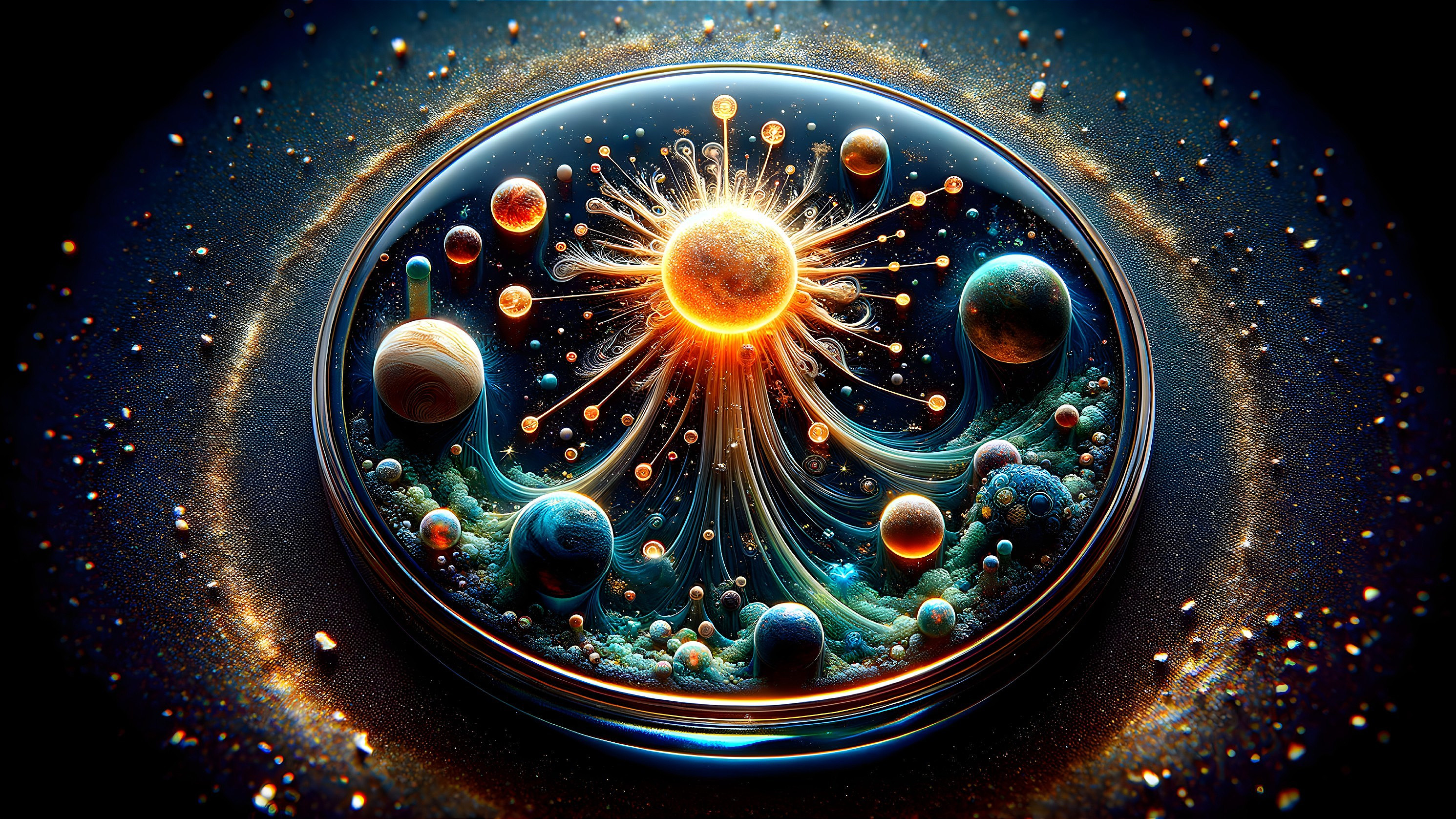 Cosmic Scene with Radiant Sun and Colorful Planets