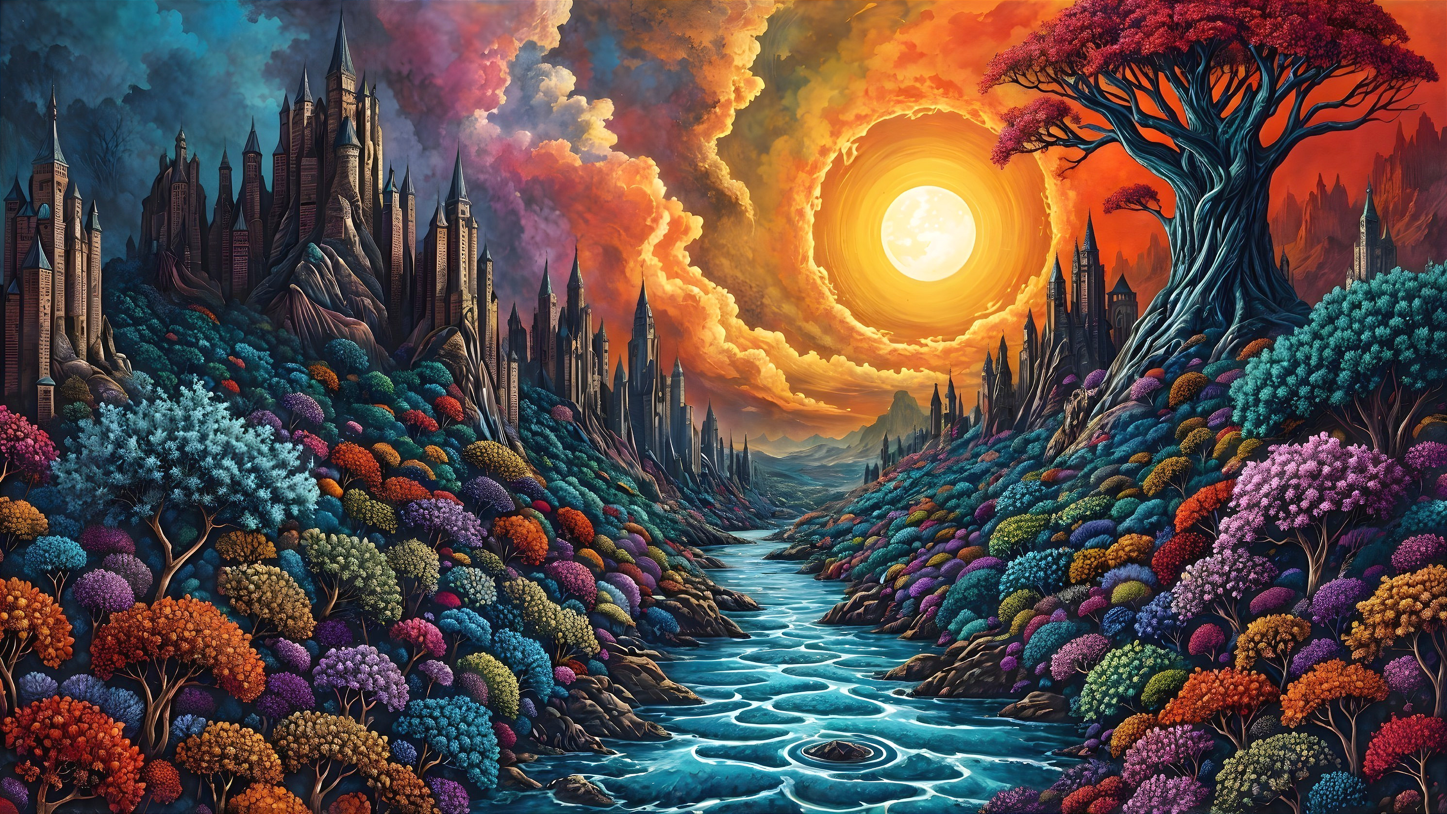 Vibrant Fantasy Landscape with Castles and Sunset