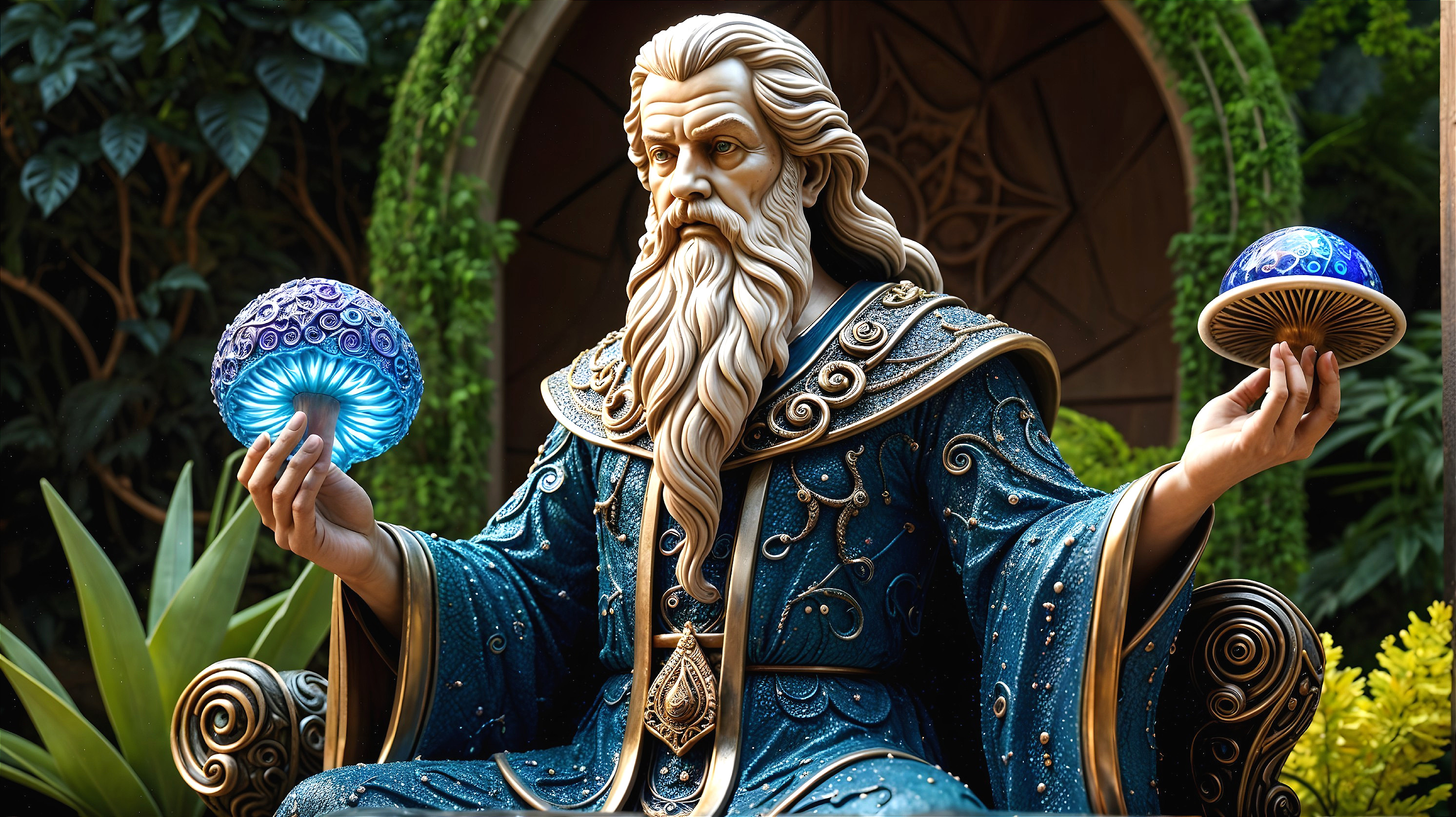 Majestic Sorcerer on Throne with Glowing Spheres