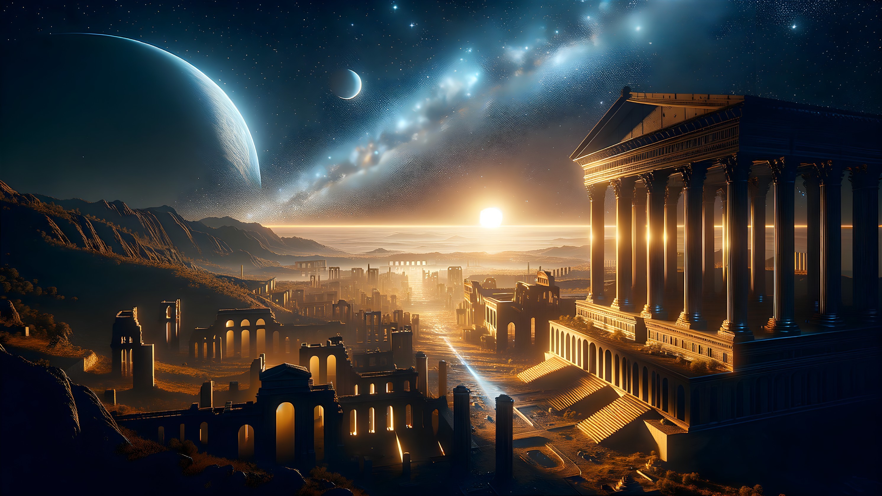 Ancient Cityscape Under Radiant Sunset and Cosmos