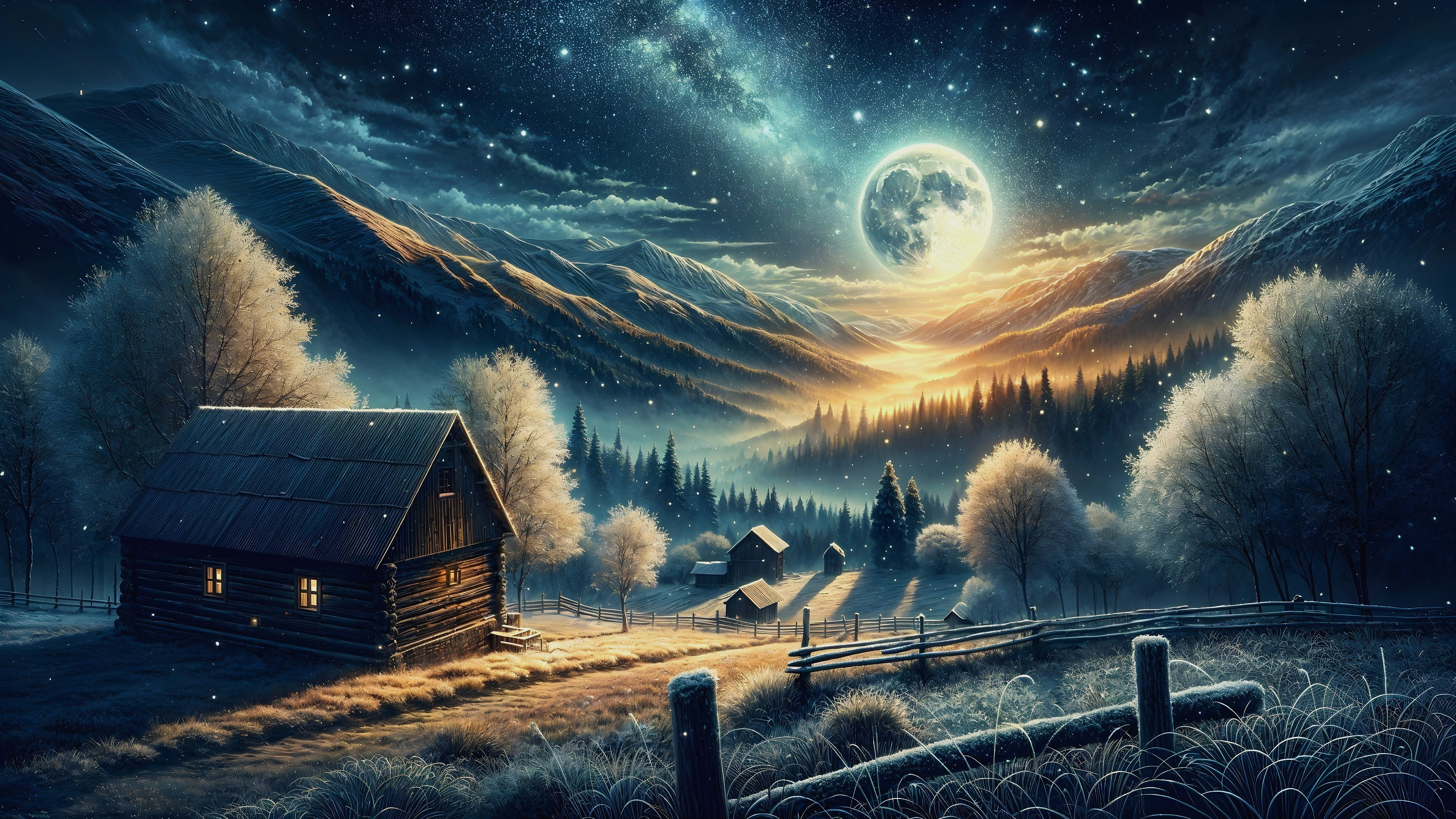 Serene Winter Landscape with Cabin and Starry Sky