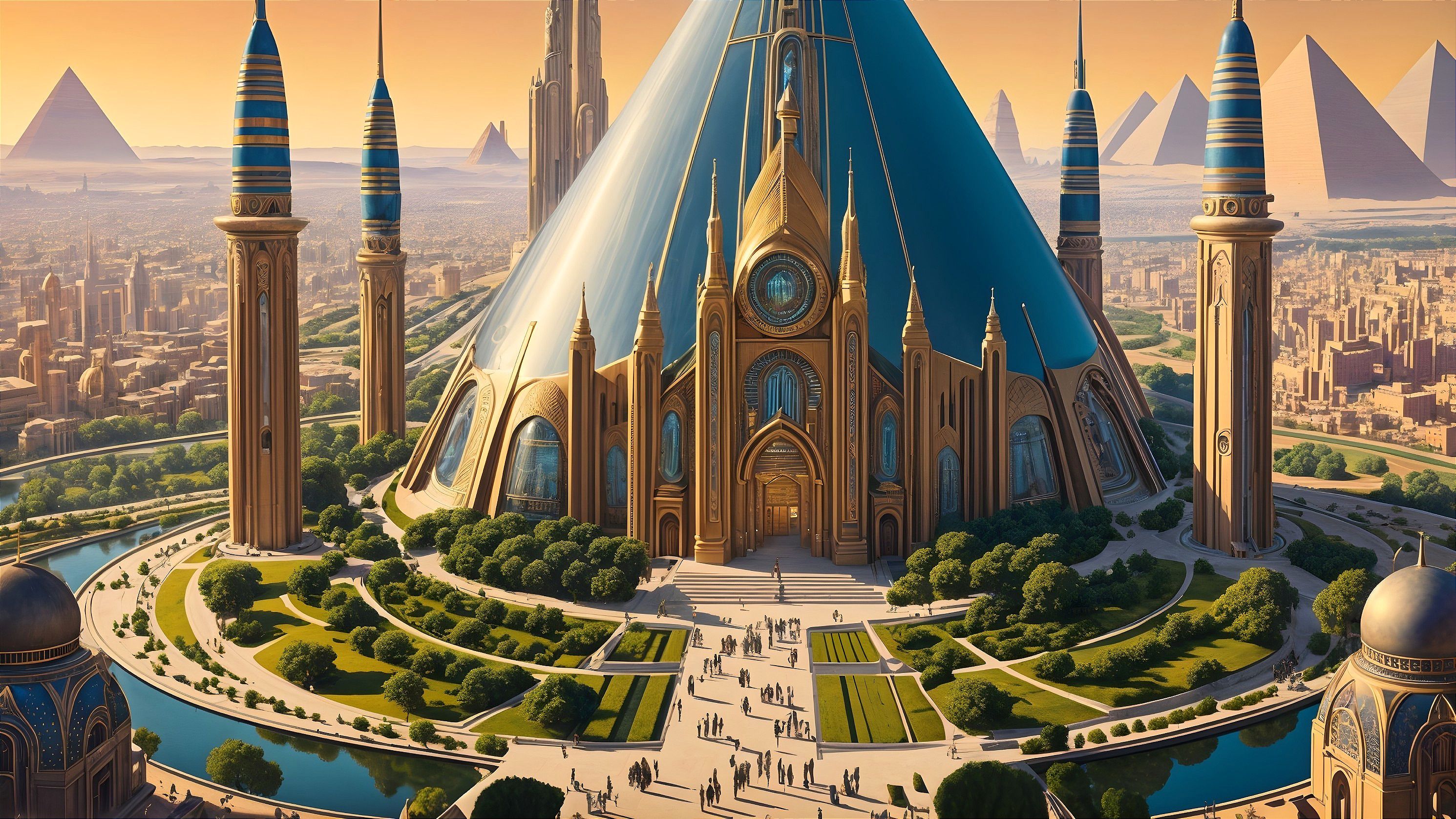 Futuristic structure with blue cone roof and gardens