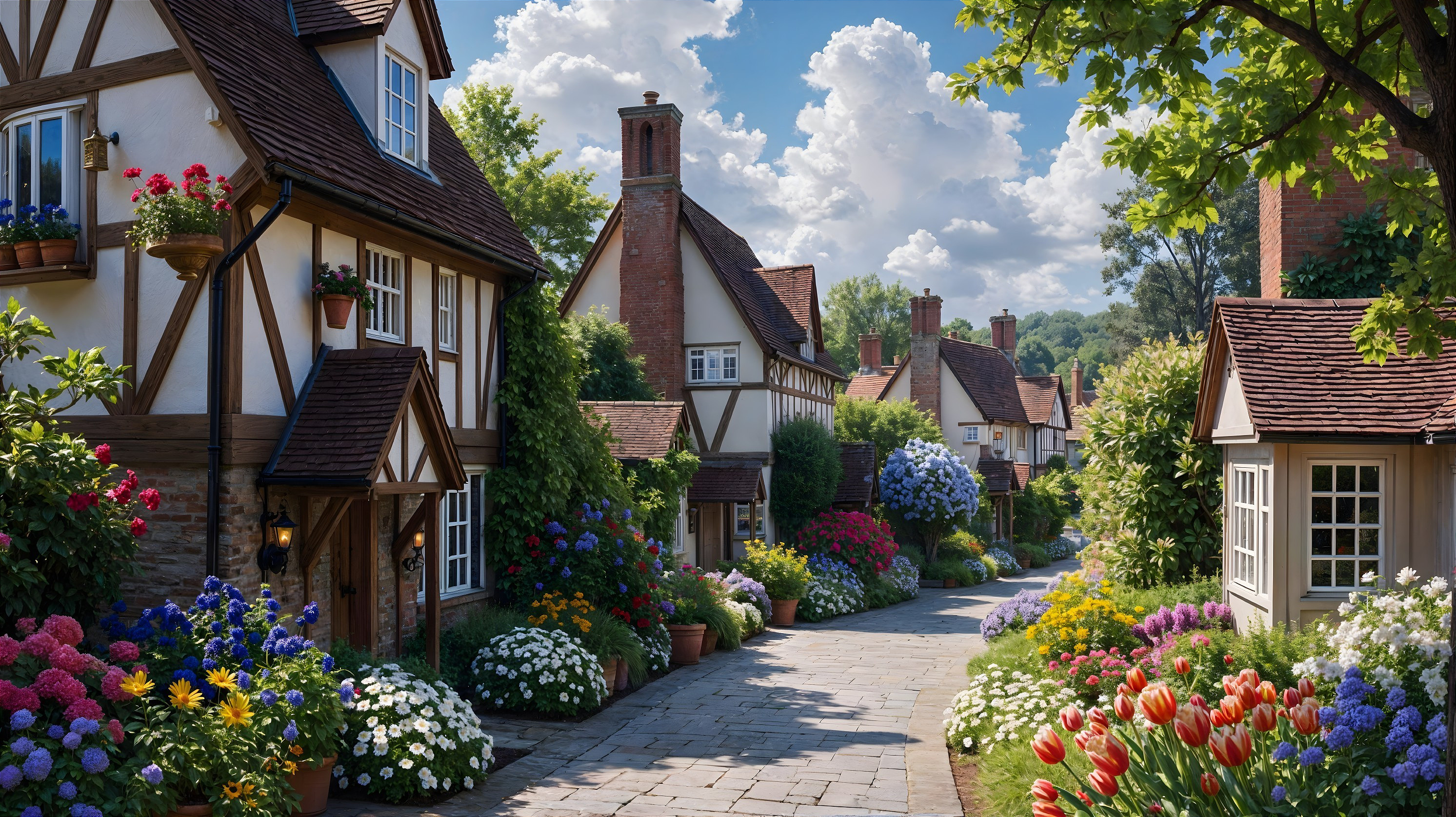 Charming Village Street with Half-Timbered Houses