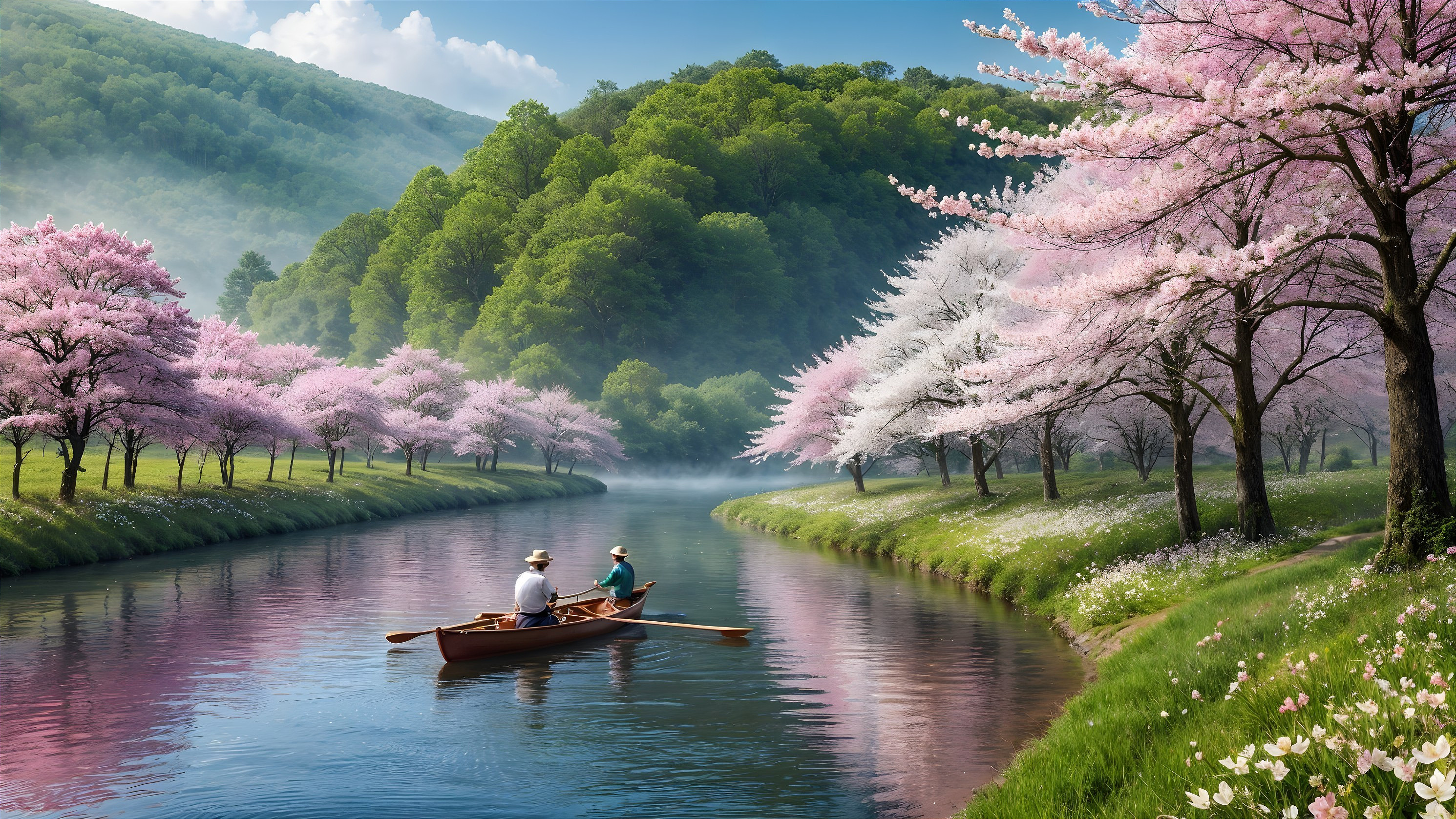 Tranquil River Scene with Cherry Blossoms and Mountains