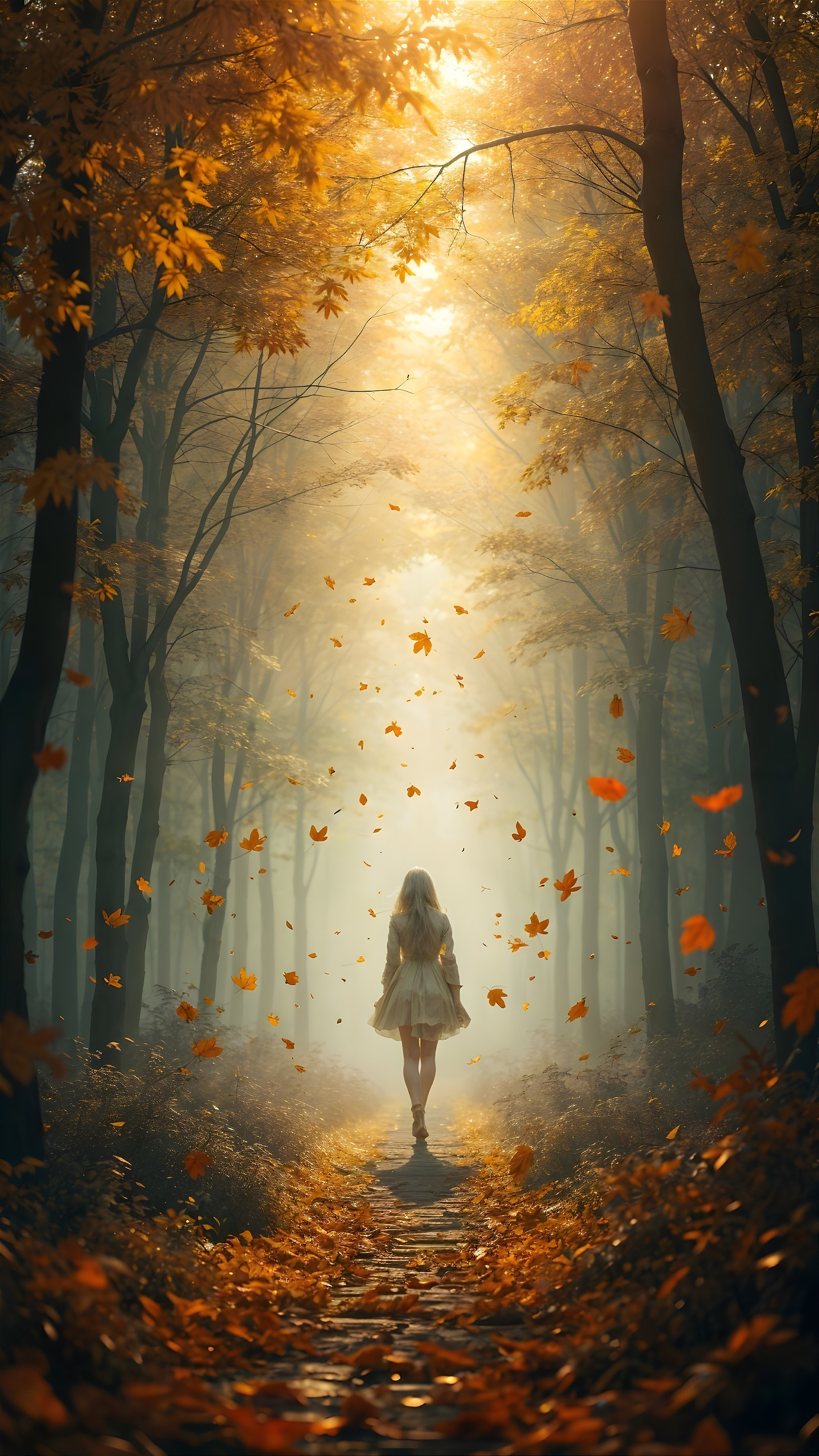 Solitary Figure on a Misty Autumn Forest Path