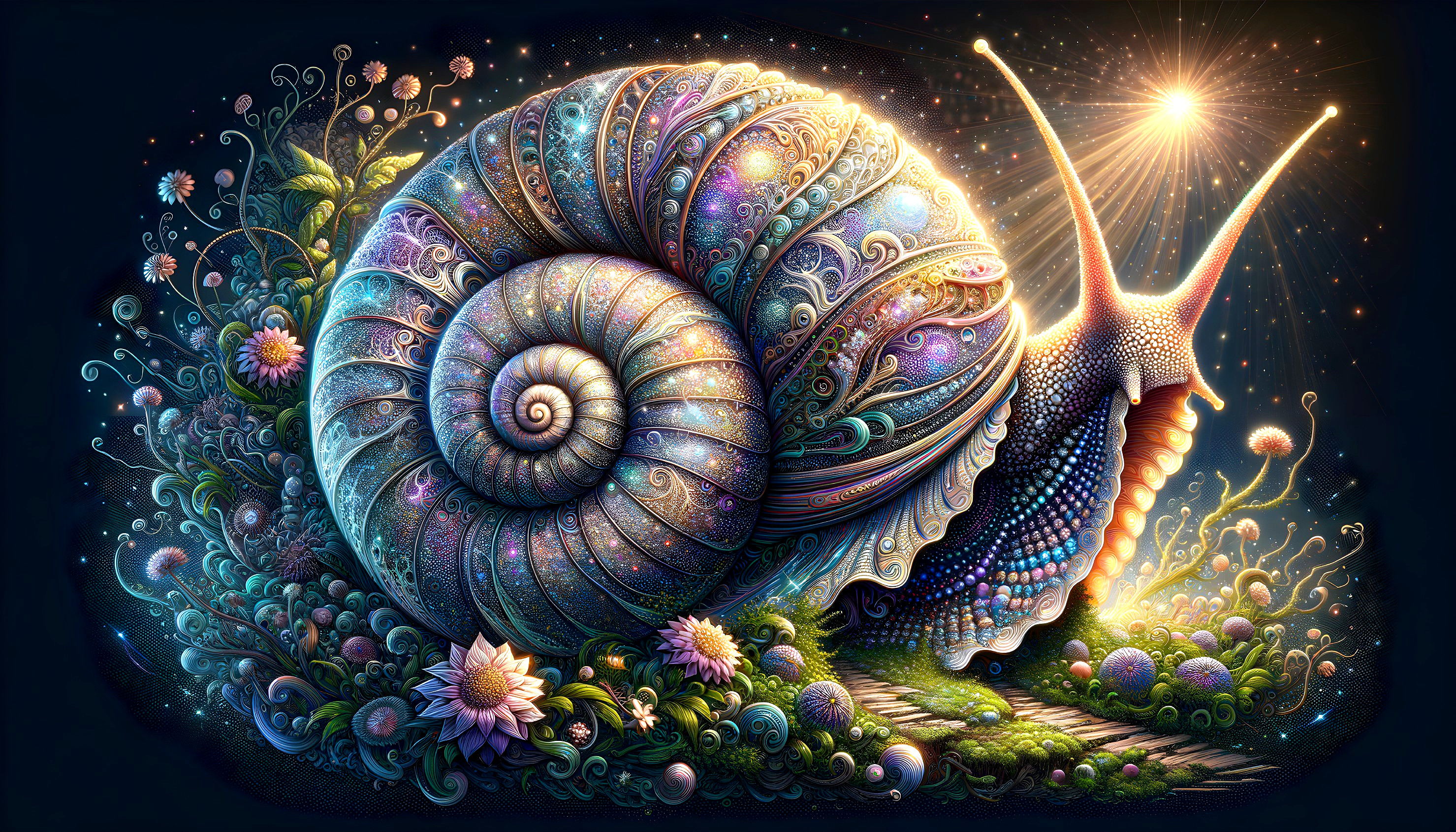 Intricate Snail in a Dreamlike Colorful Landscape