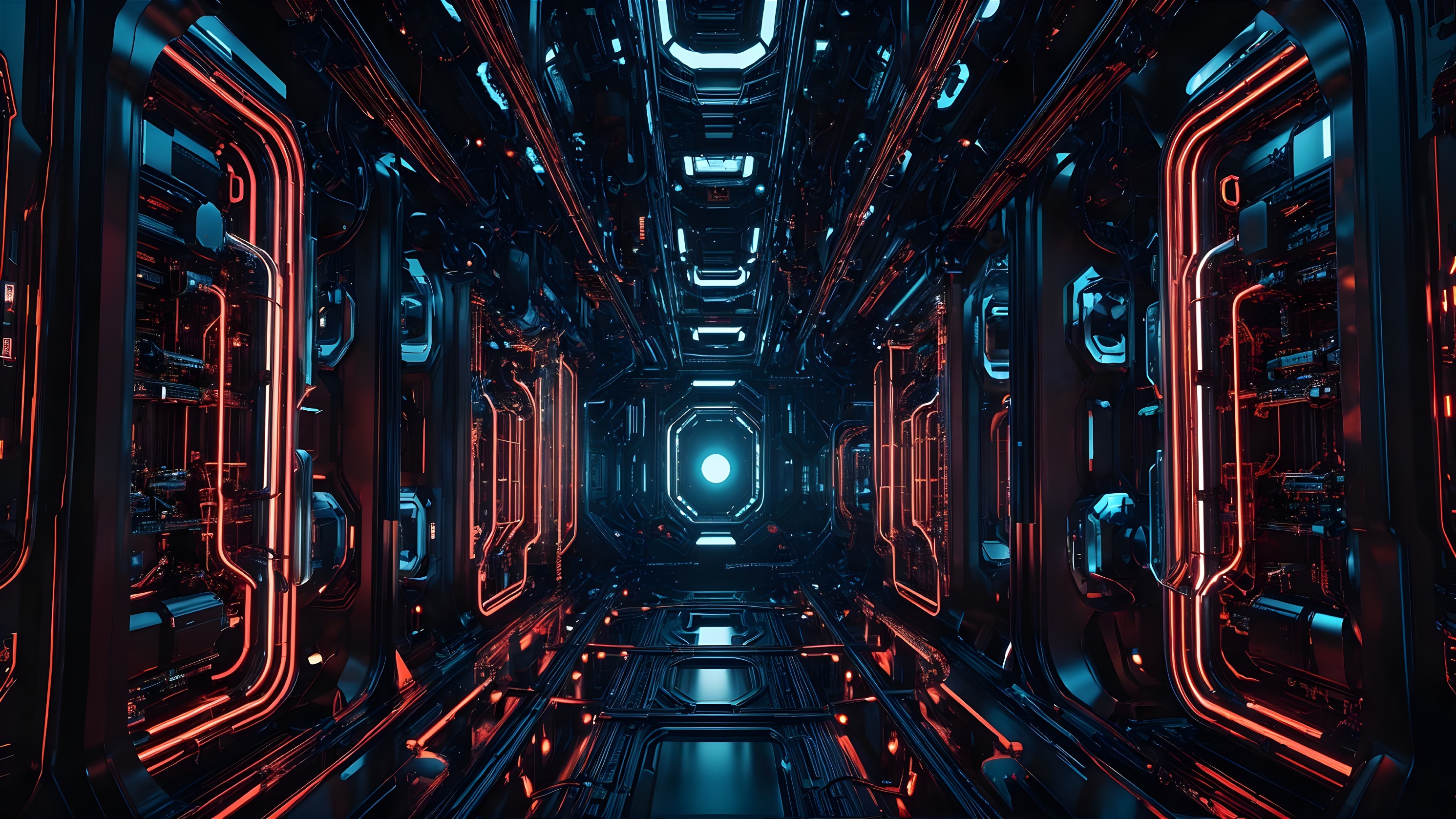 Futuristic corridor with neon lights and metallic structures
