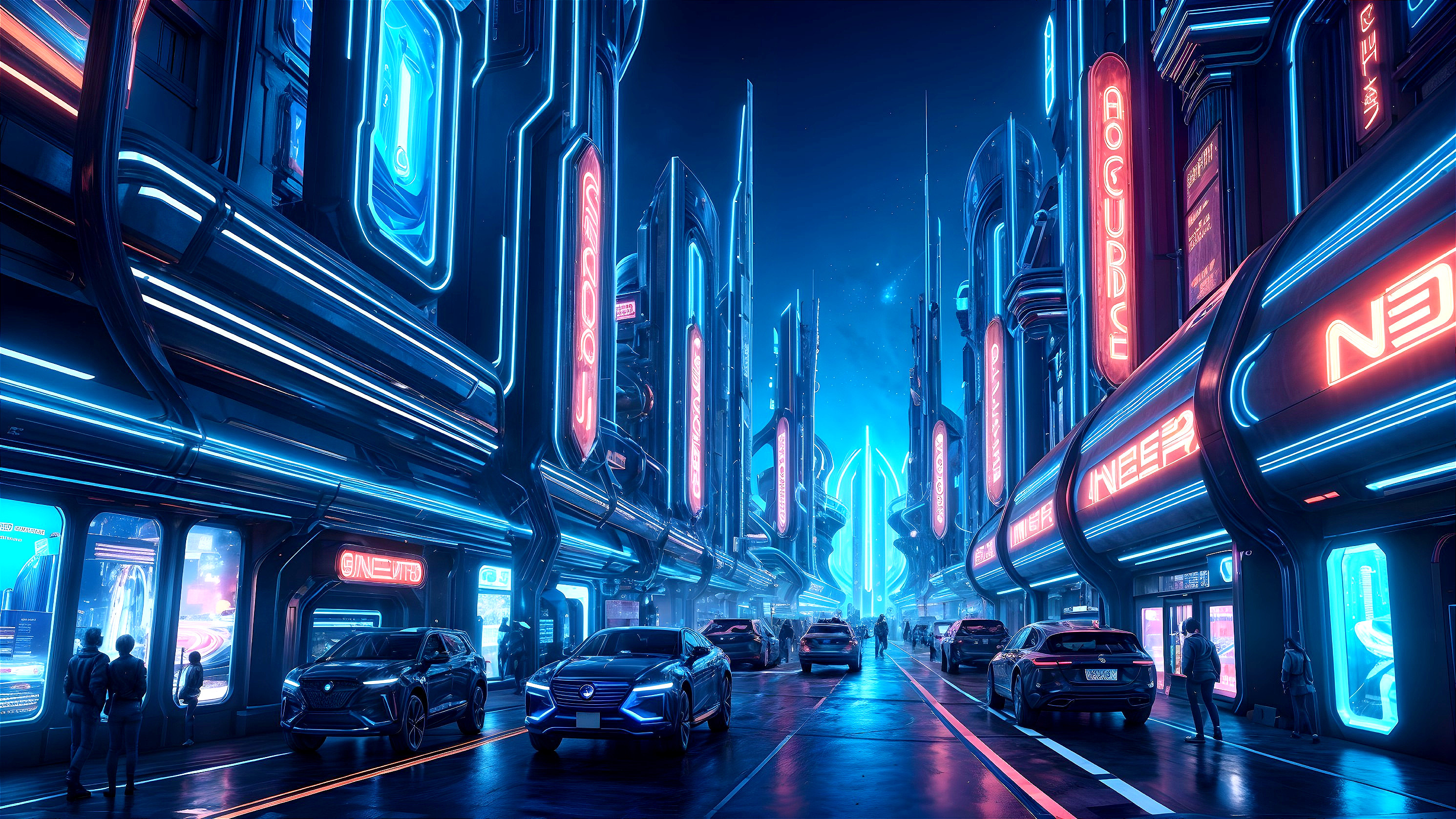 Futuristic cityscape with neon lights and skyscrapers