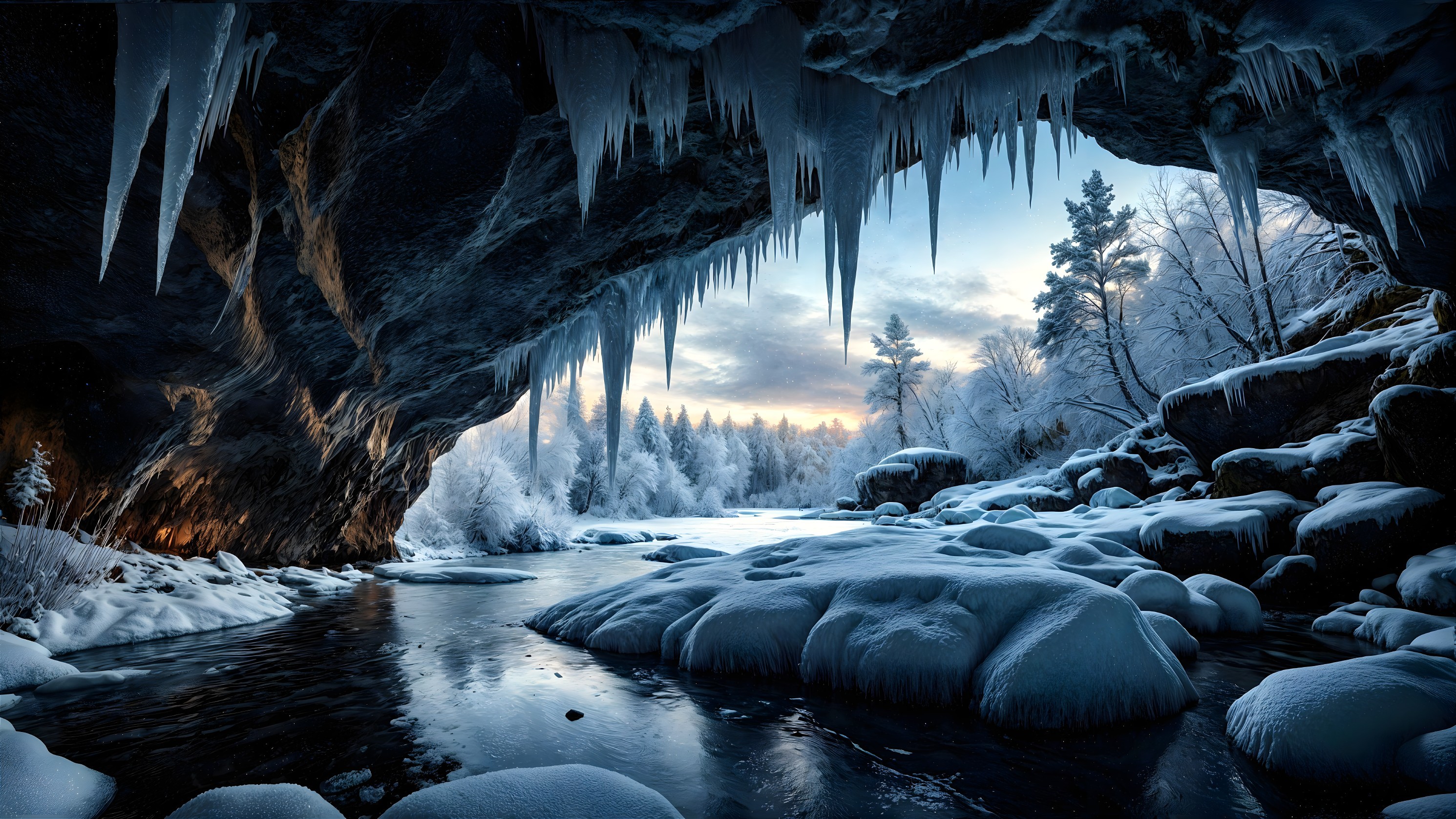 Winter Landscape with Icicles and Tranquil Water
