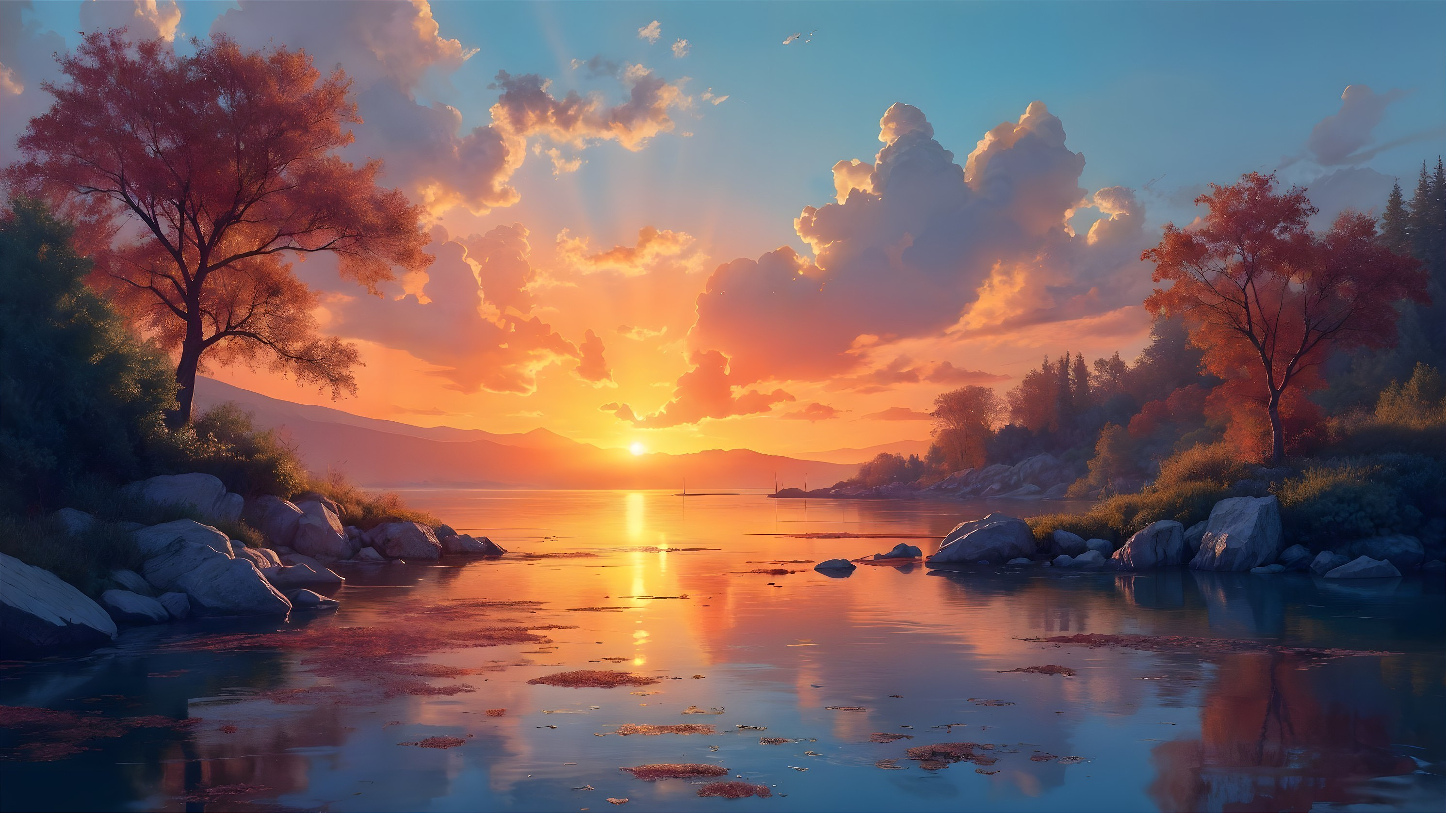 Serene Sunset Landscape with Reflective Lake and Trees