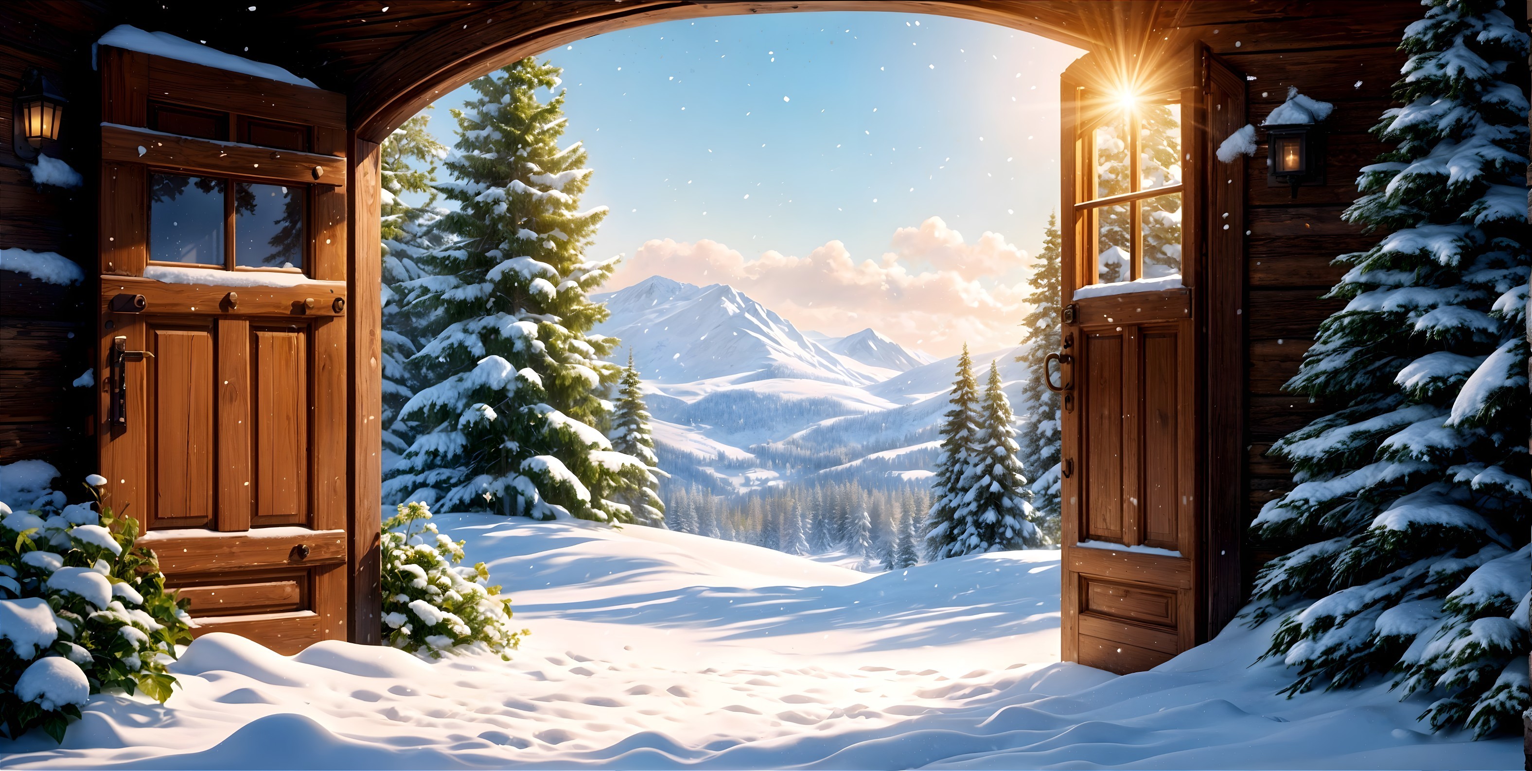 Cozy Wooden Doorway with Winter Landscape View