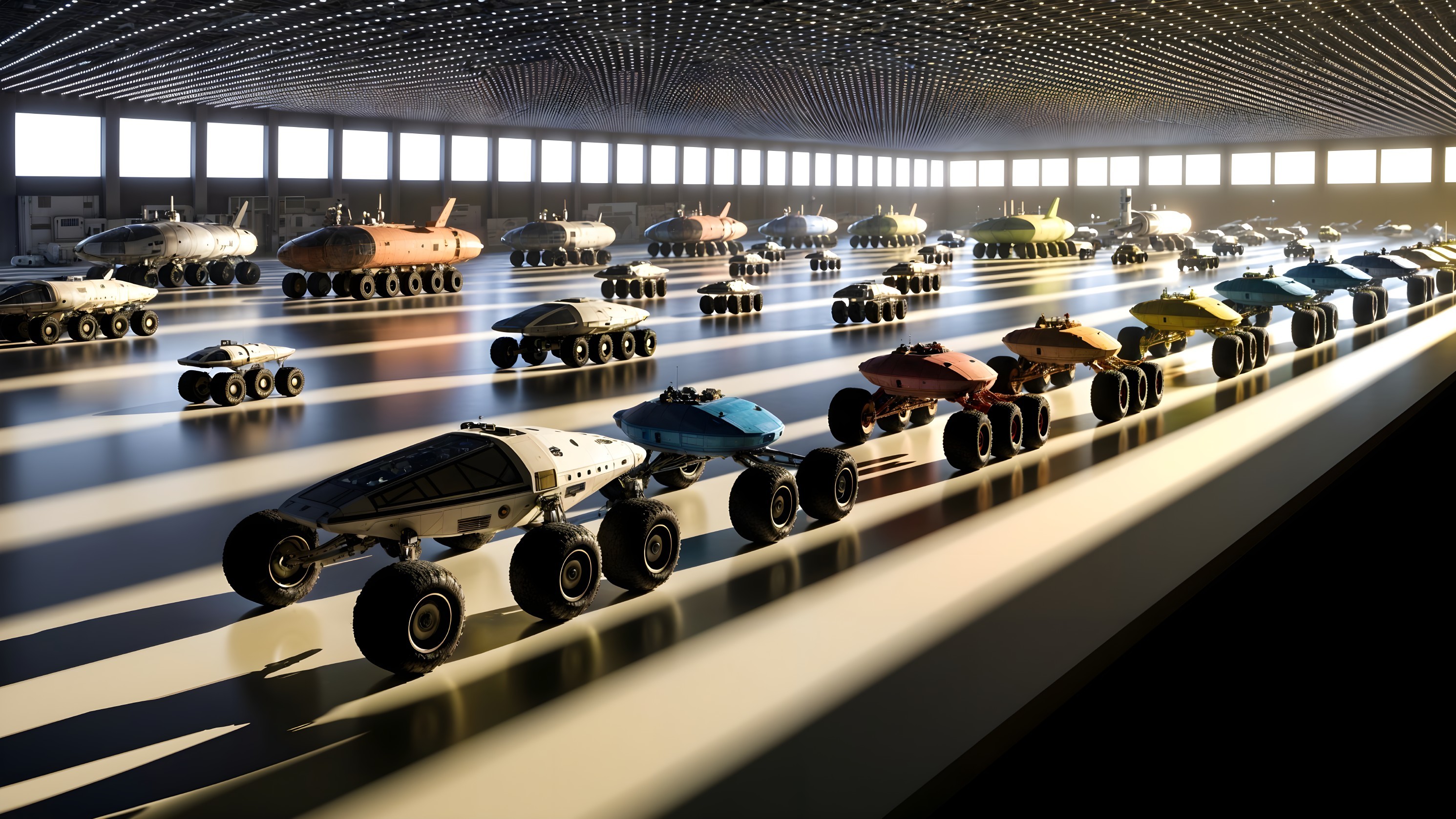 Futuristic Hangar with Unique Rovers and Spacecrafts