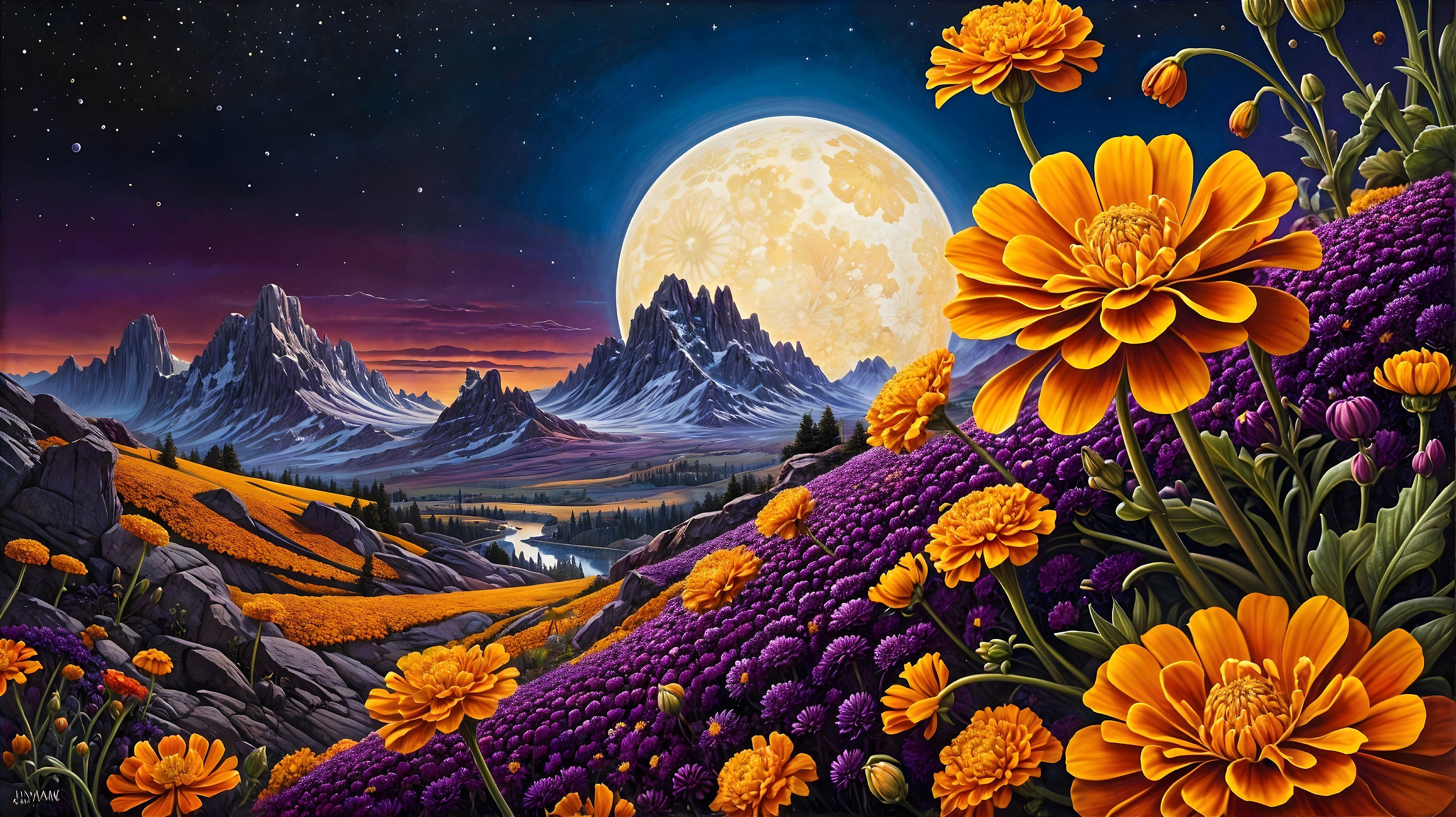 Vibrant Flowers and Majestic Mountains at Sunset