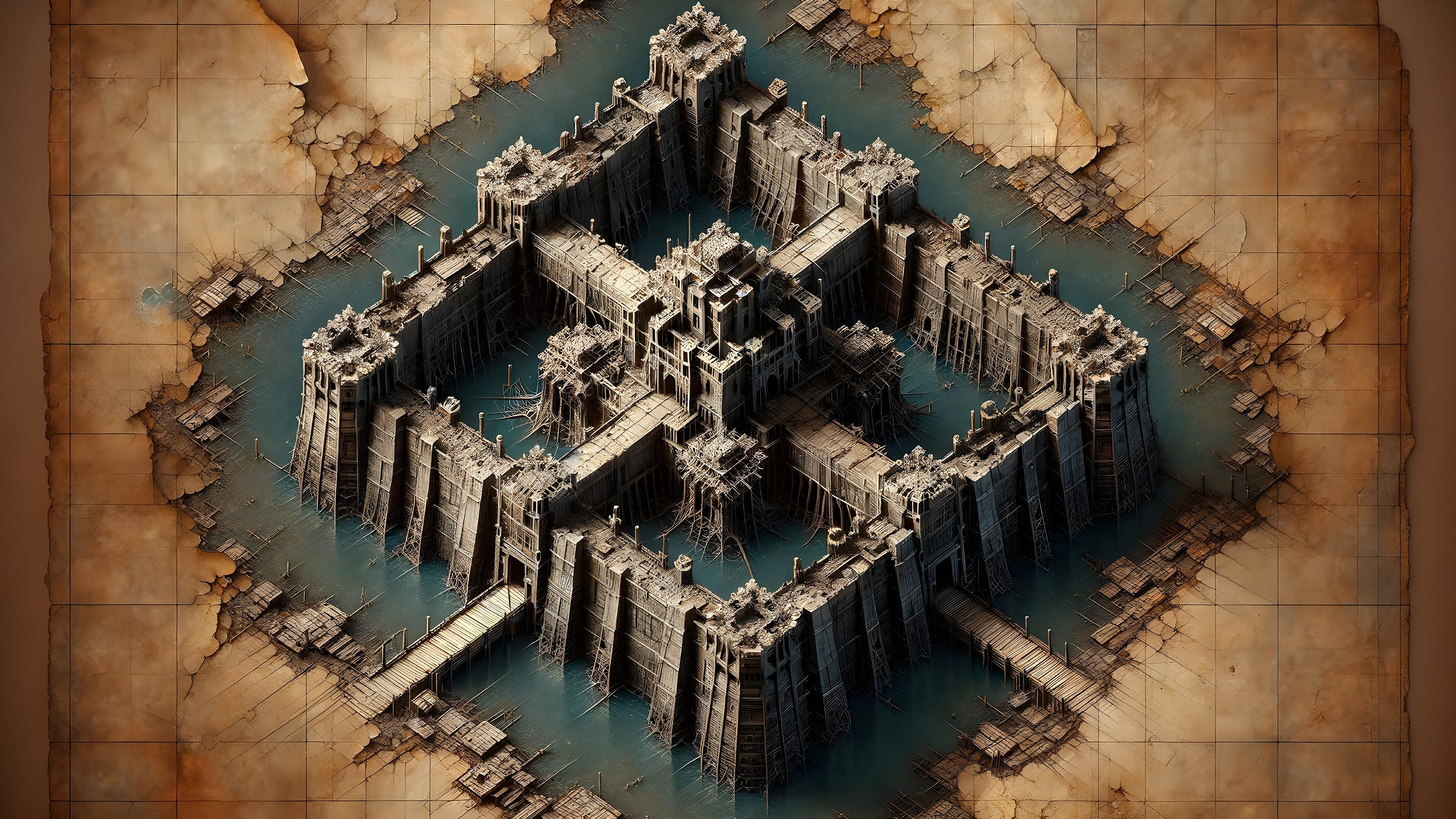 Intricate Fortress Structure Surrounded by Water