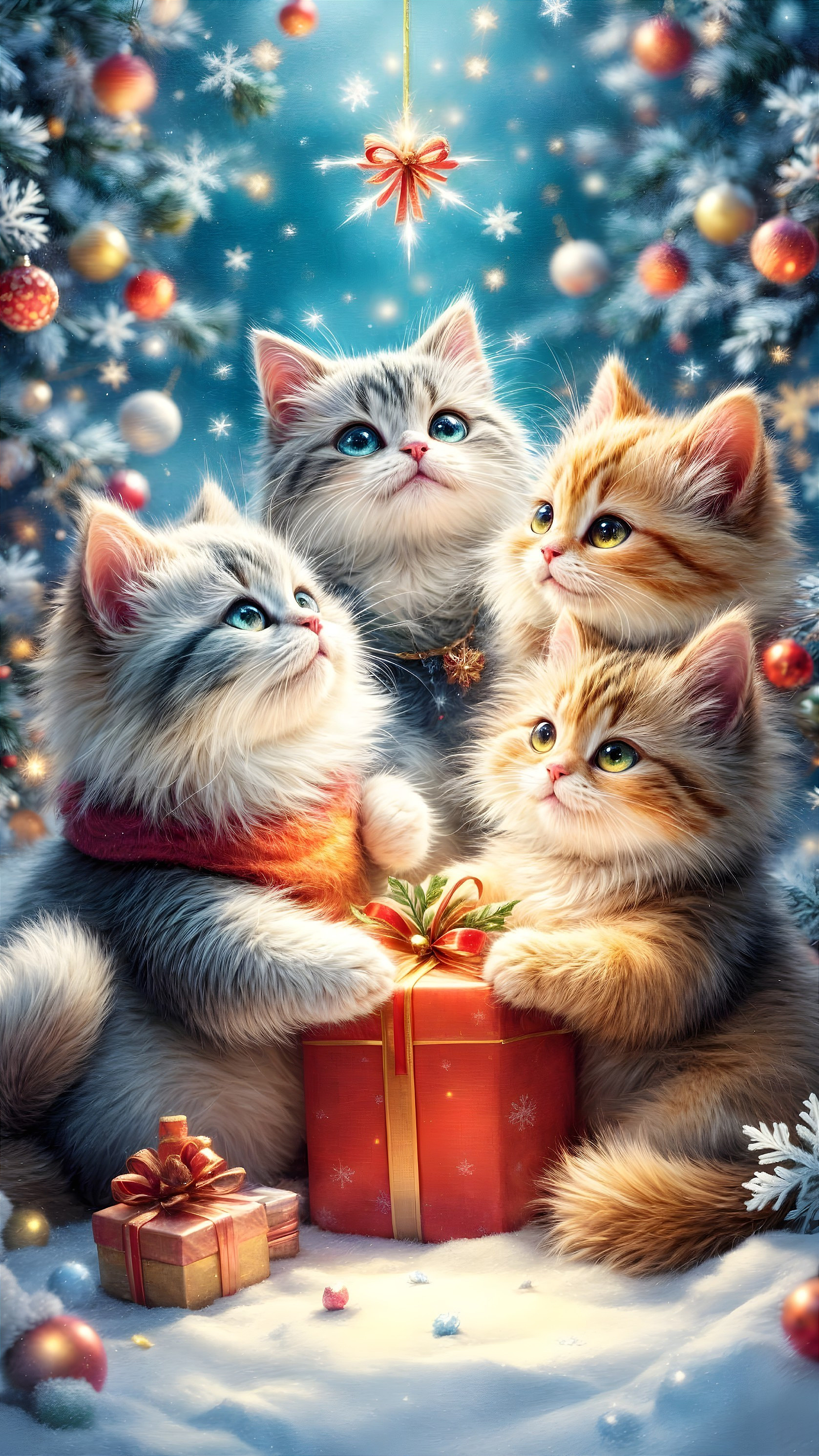 Holiday Scene with Kittens and Festive Decorations