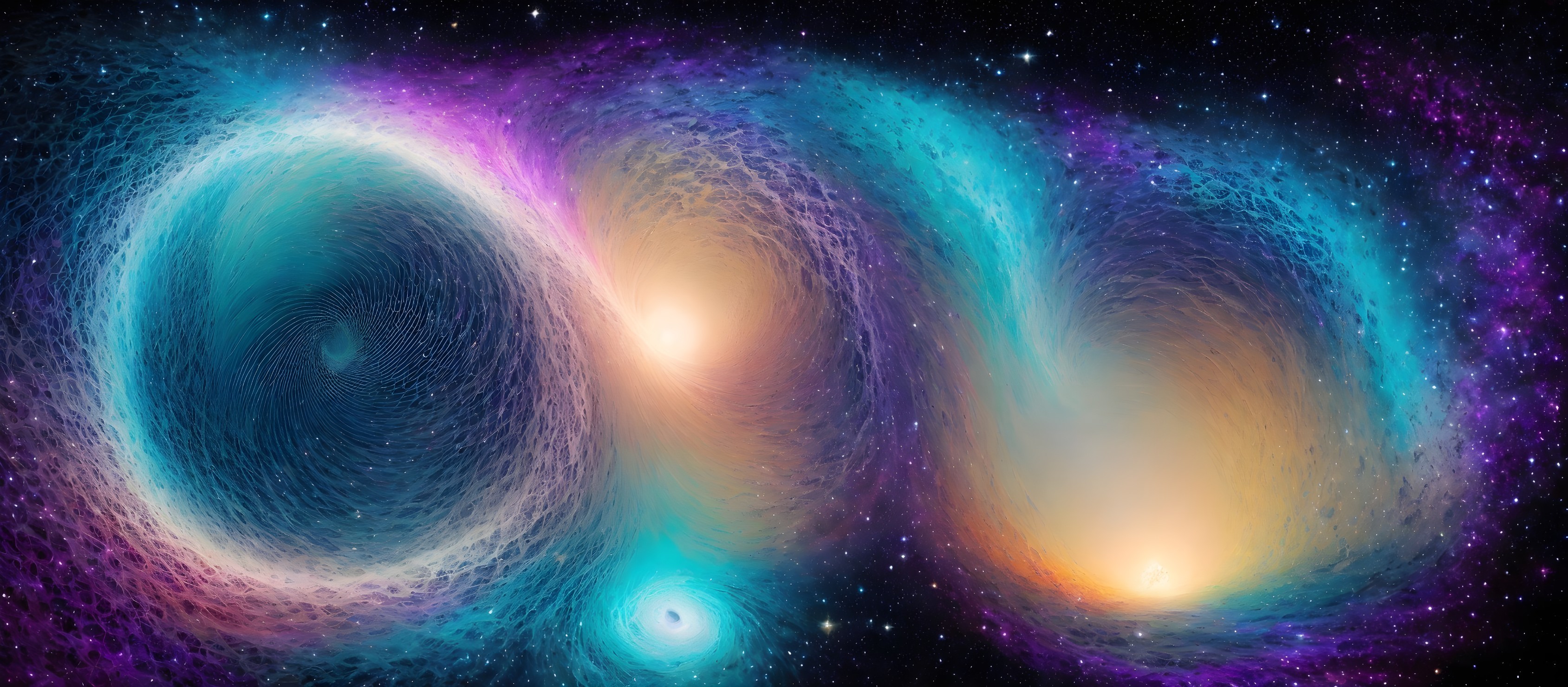 Colorful digital artwork: Three swirling galaxies in cosmic sky