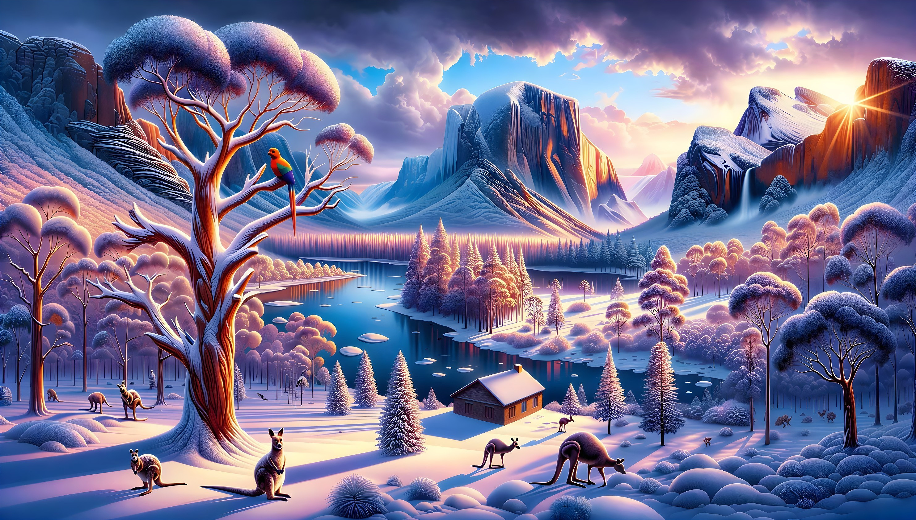 Surreal Winter Landscape with Tree and Wildlife