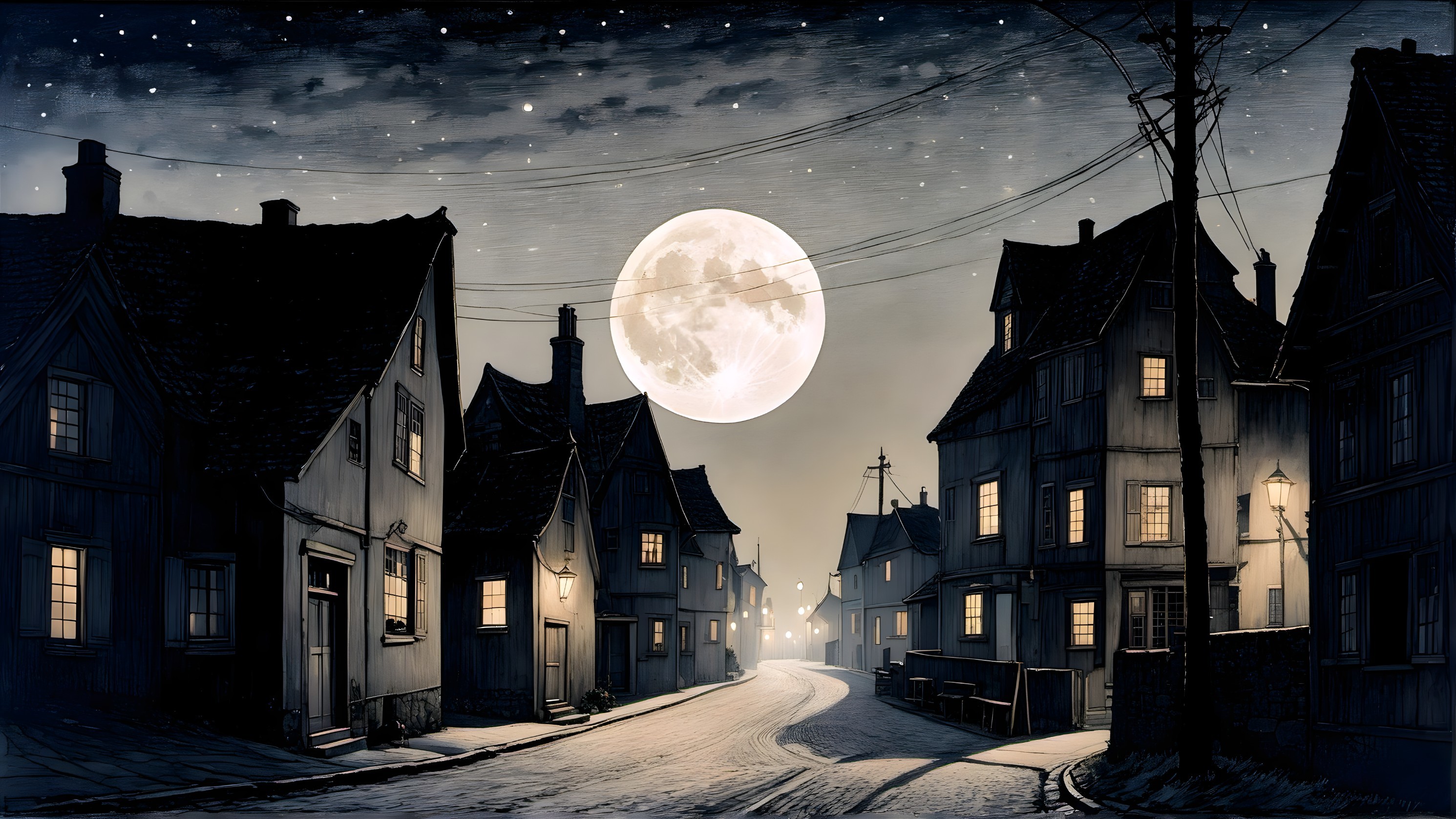 Vintage village night scene with cobblestone streets and bright full moon