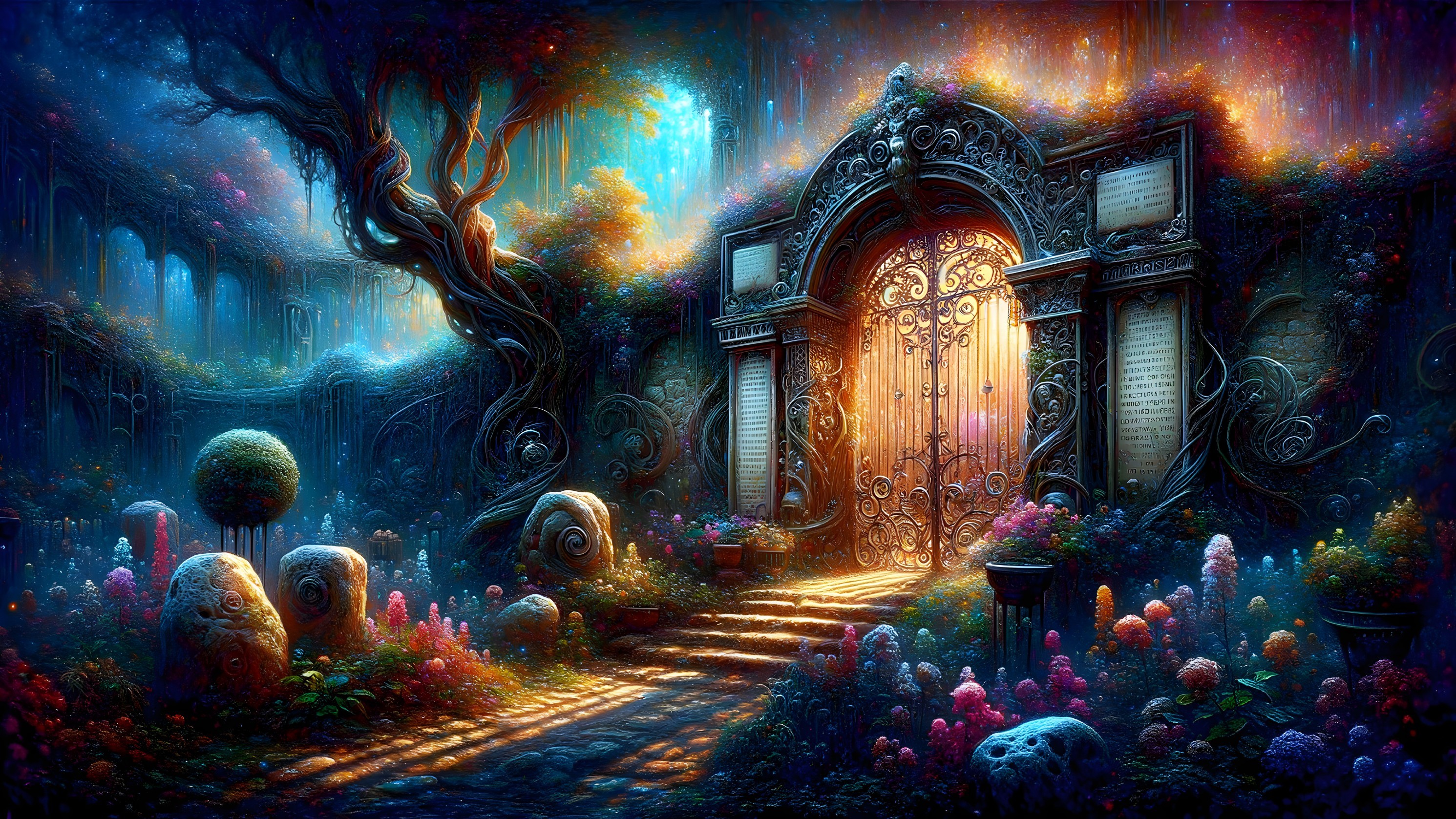 Mystical Garden with Glowing Gate and Lush Flora