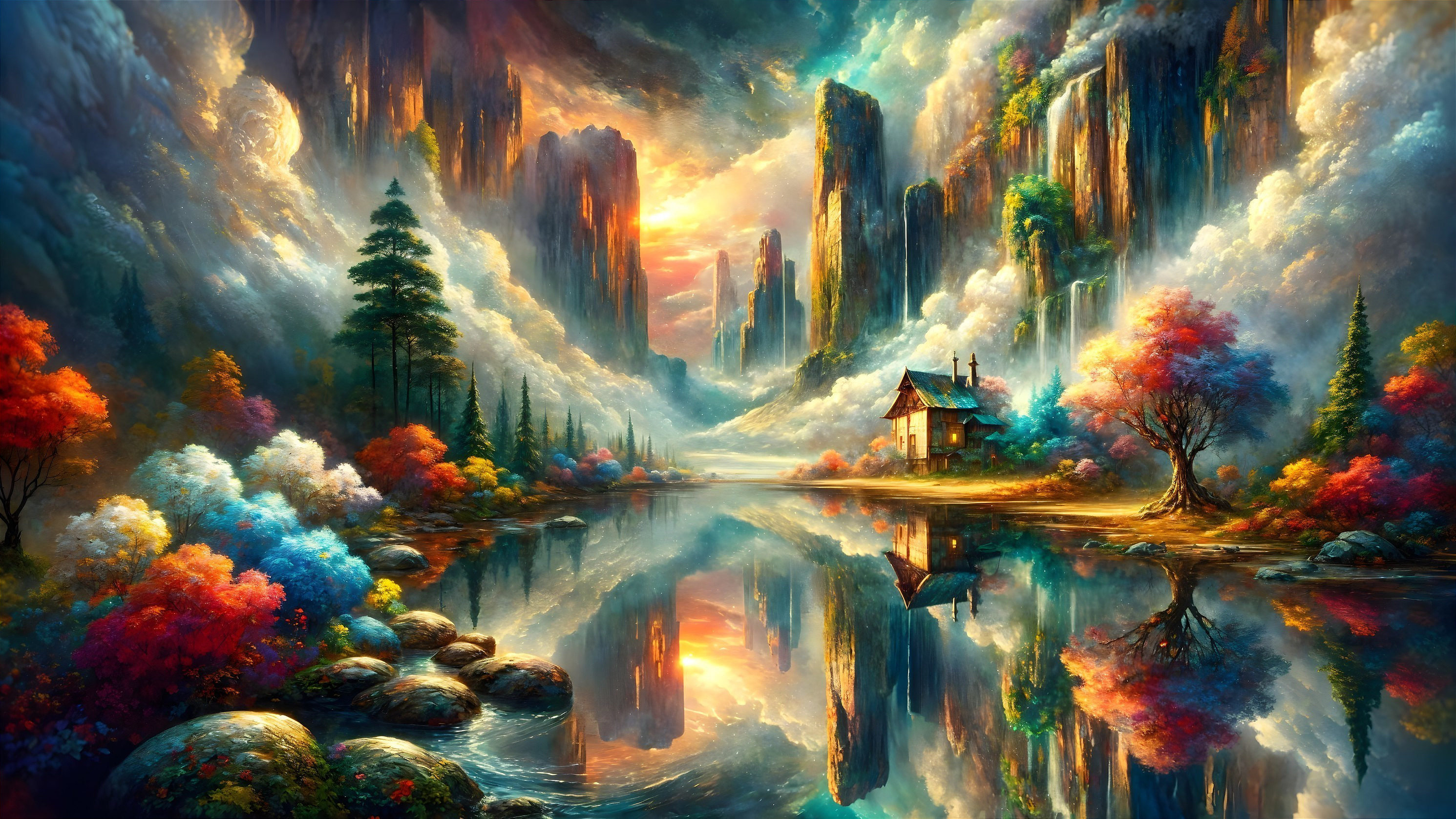 Colorful Cliffs and Serene Lake at Sunset