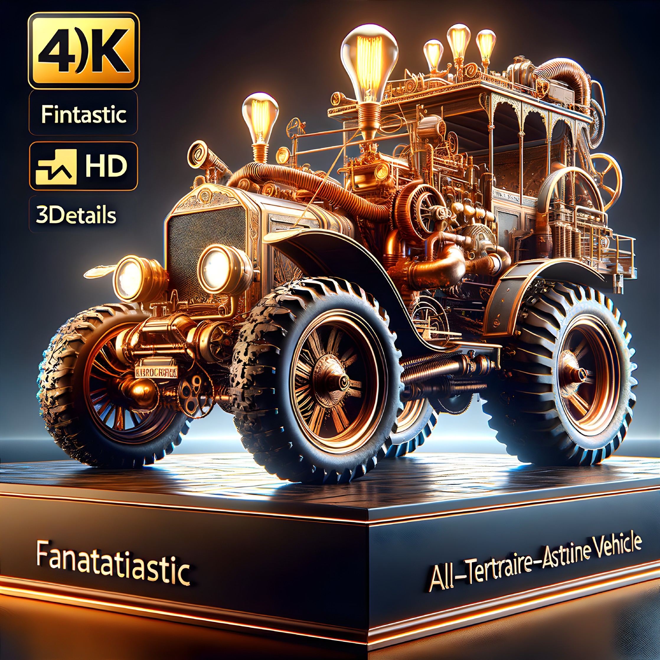 Detailed 4K Image: Steampunk All-Terrain Vehicle with Large Tires & Bronze