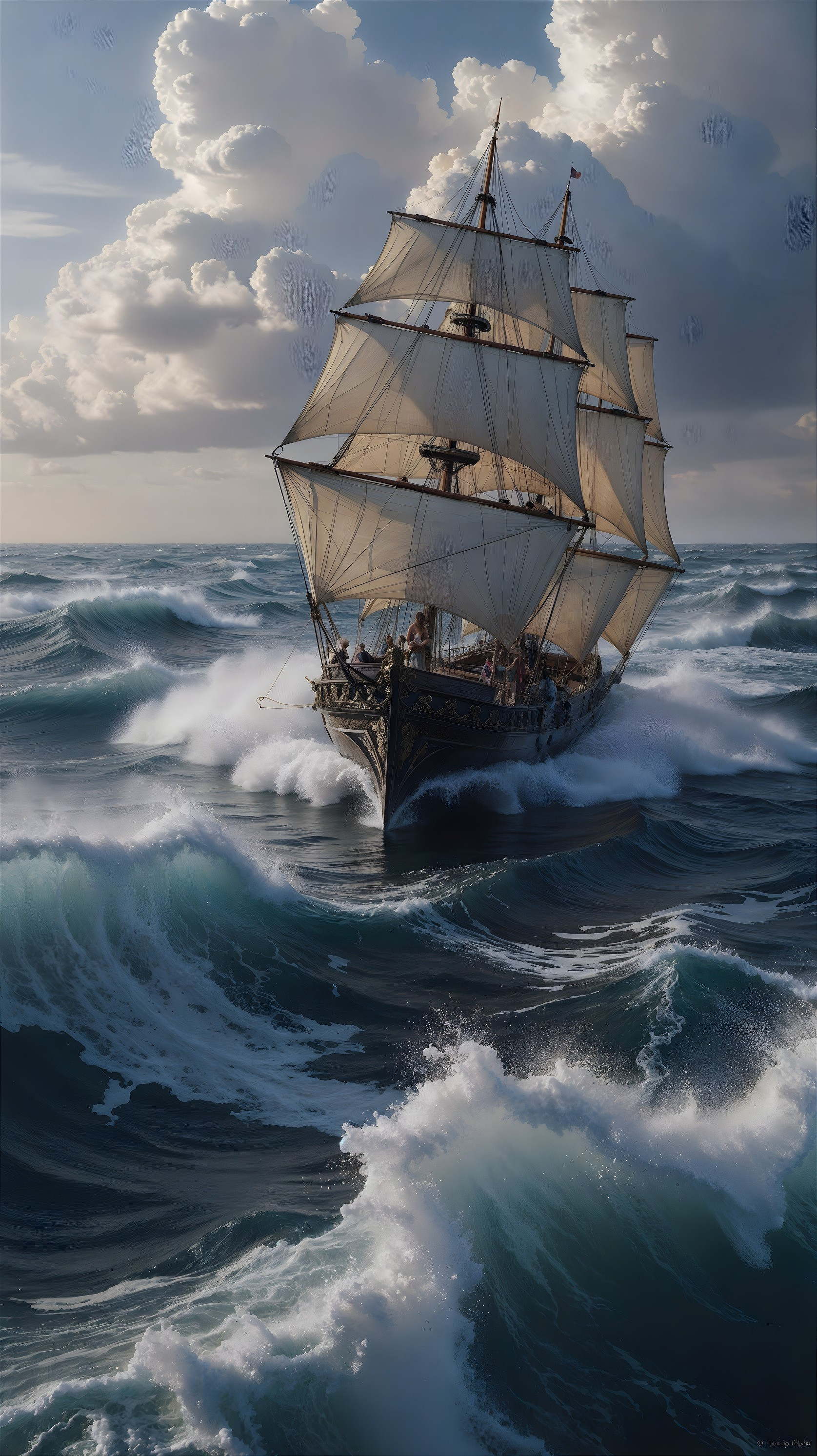 Tall Ship Navigating Turbulent Ocean Waves