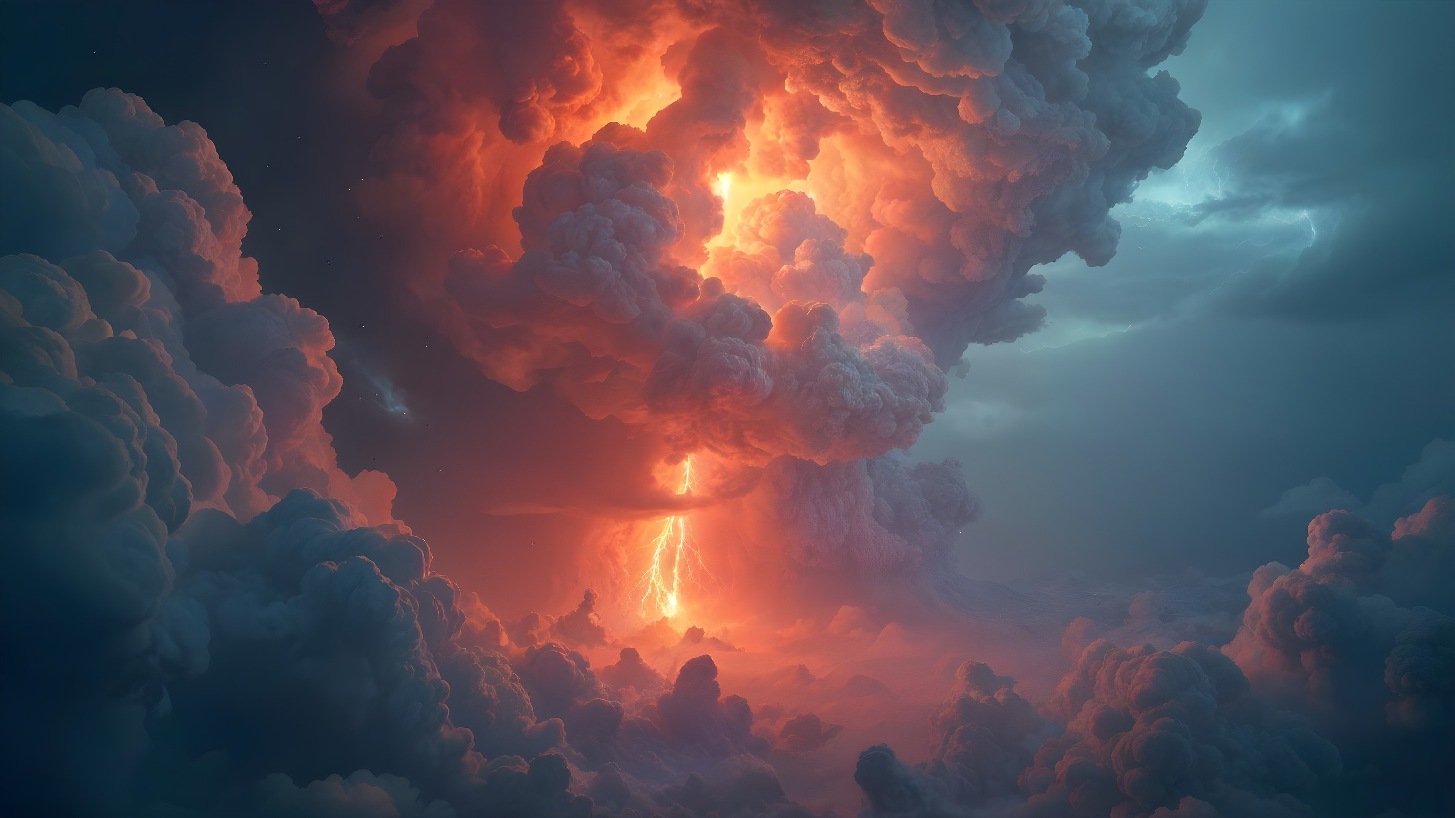 Dramatic Sky with Lightning and Fiery Cloud Colors