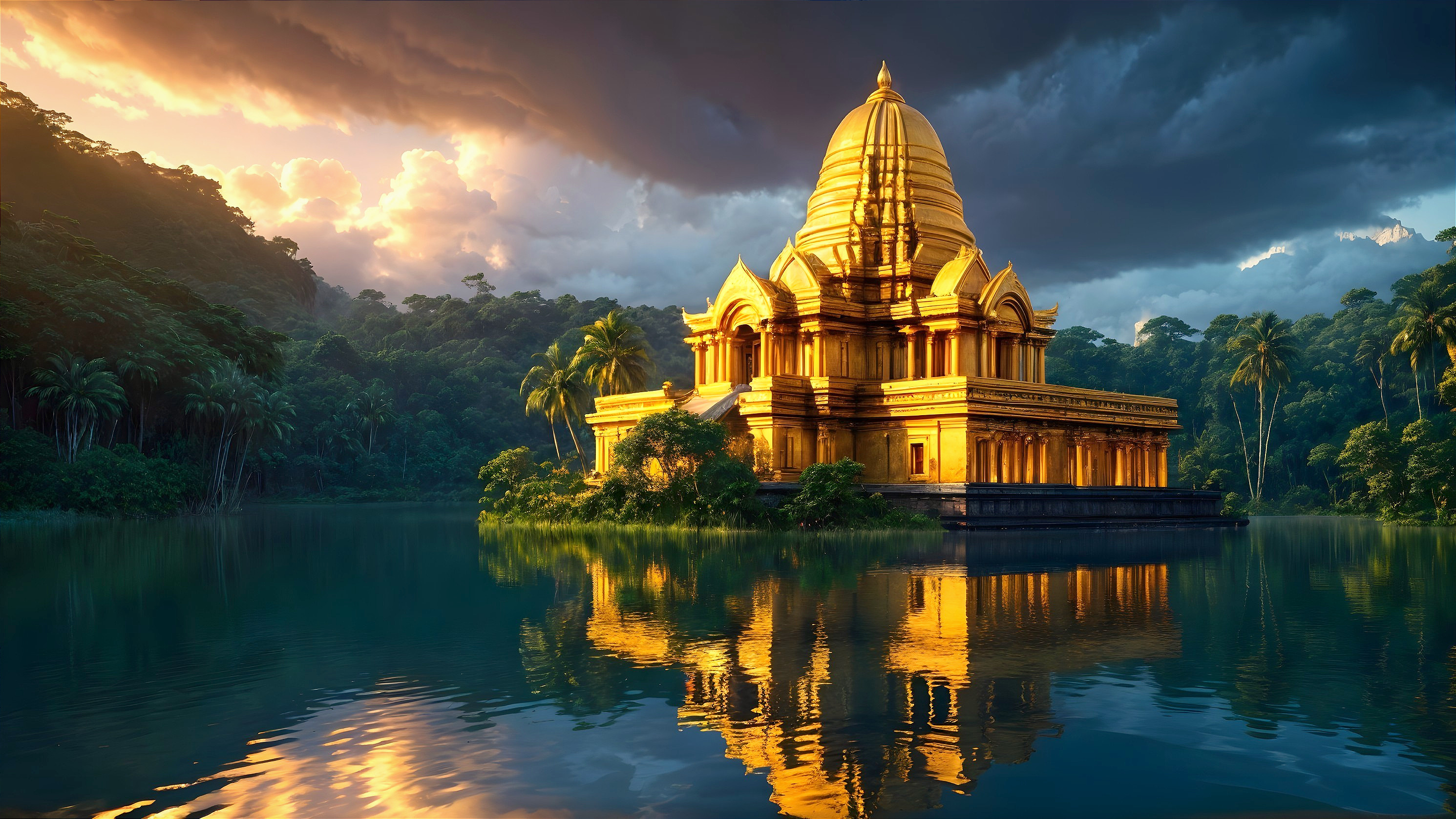 Golden temple on an island with tranquil lake view