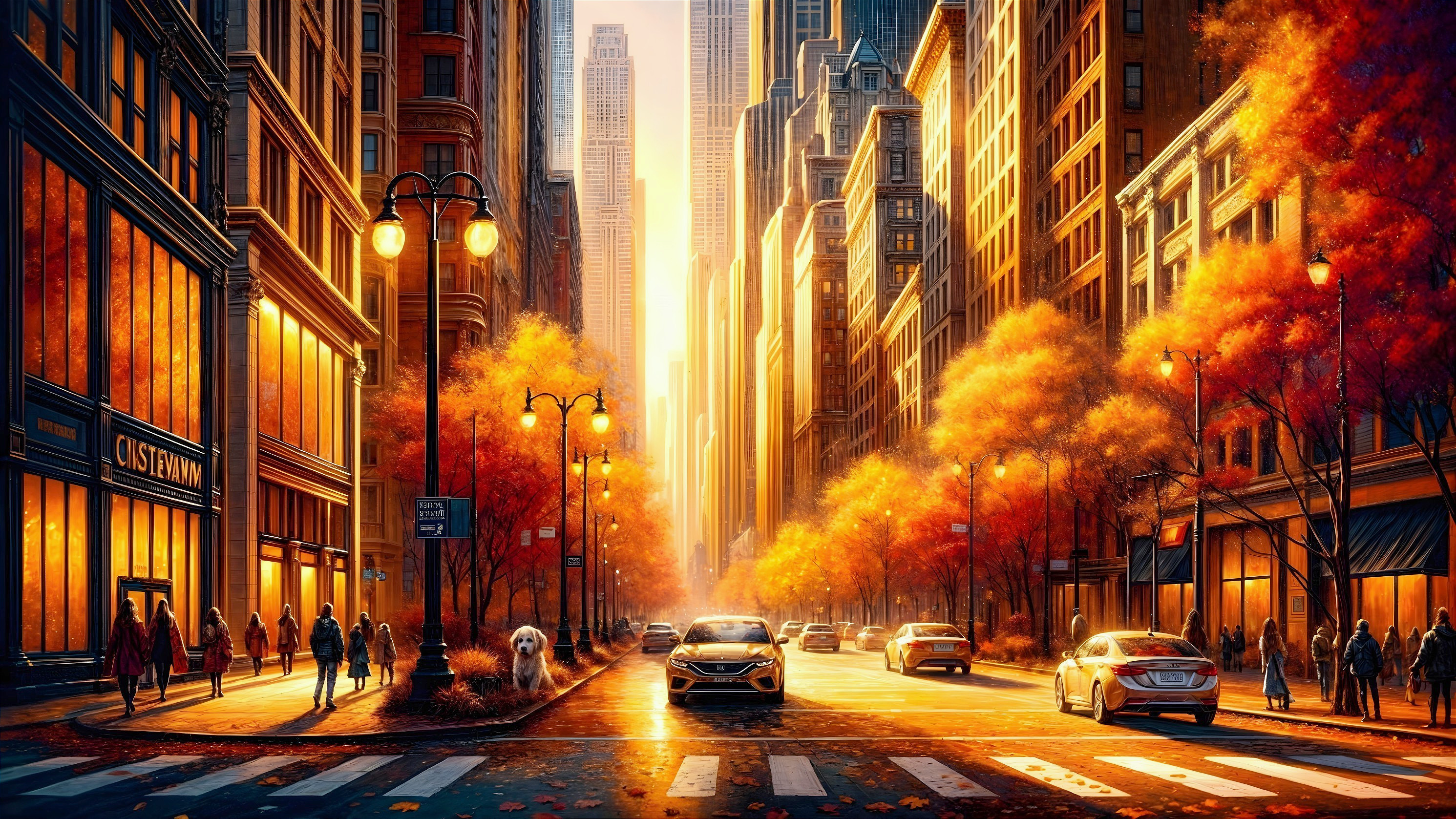 Autumn City Scene with Colorful Trees and Buildings