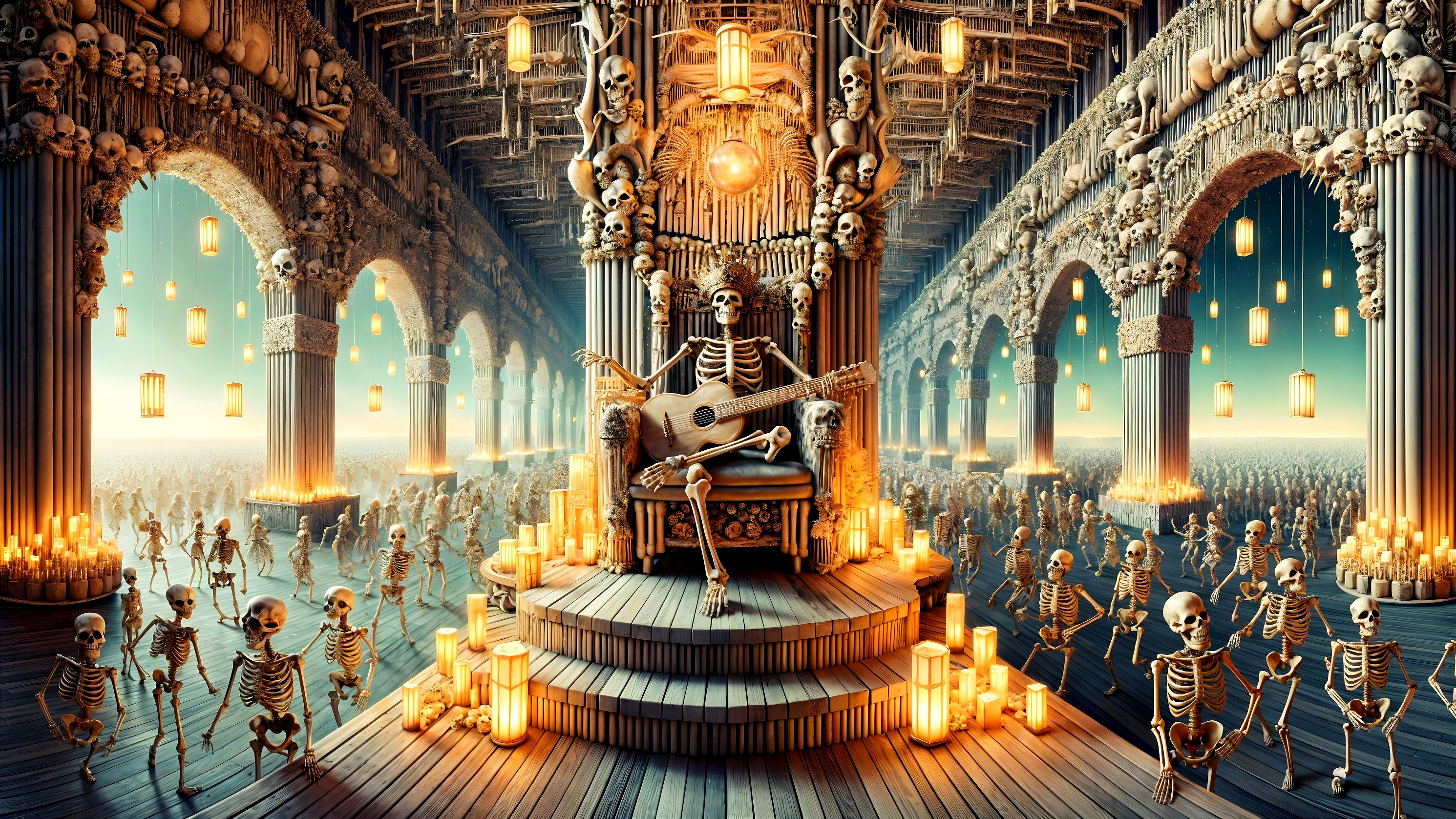 Grand hall with dancing skeletons and ornate architecture