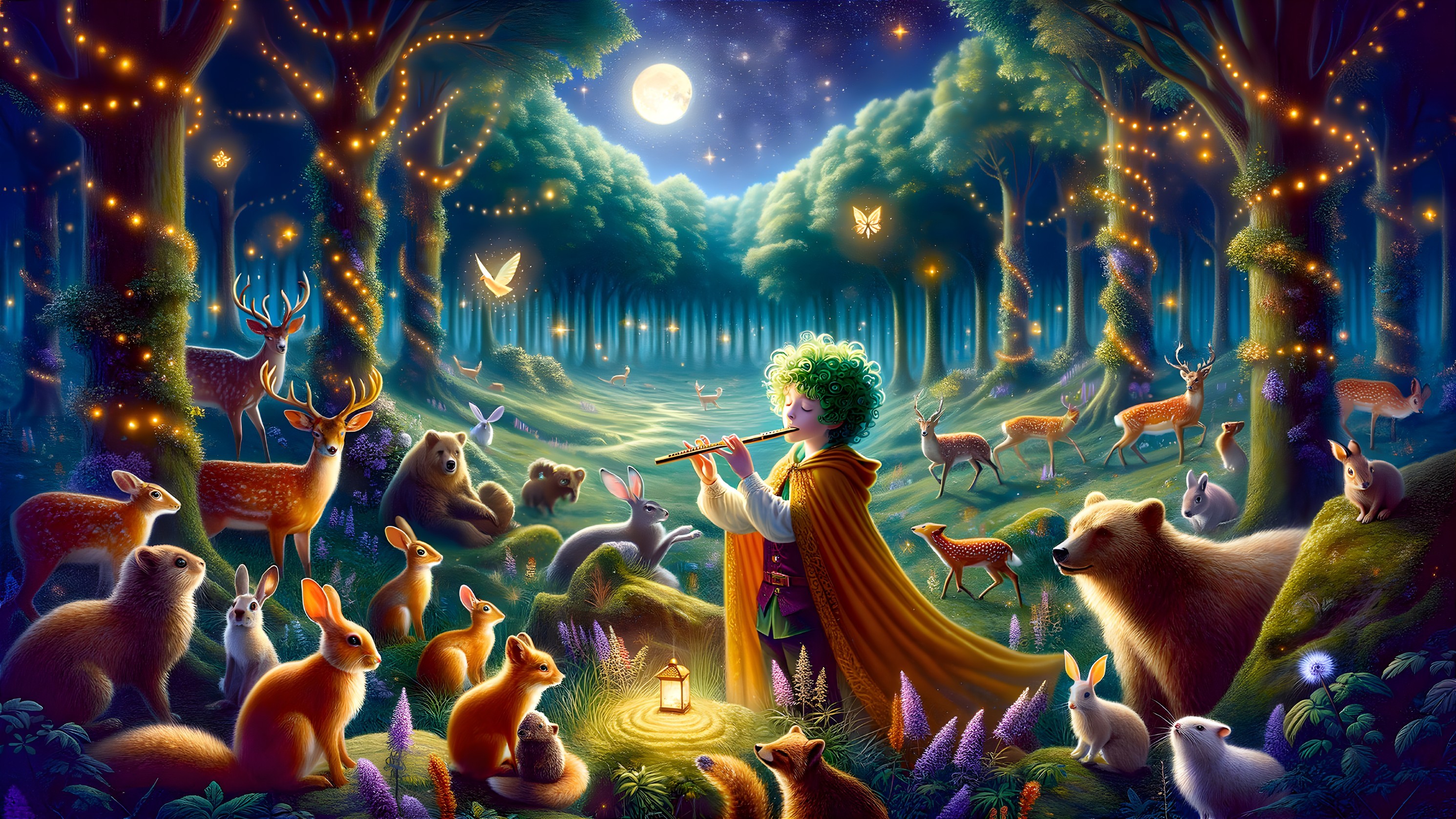 Magical Night Forest with Flute Music and Animals