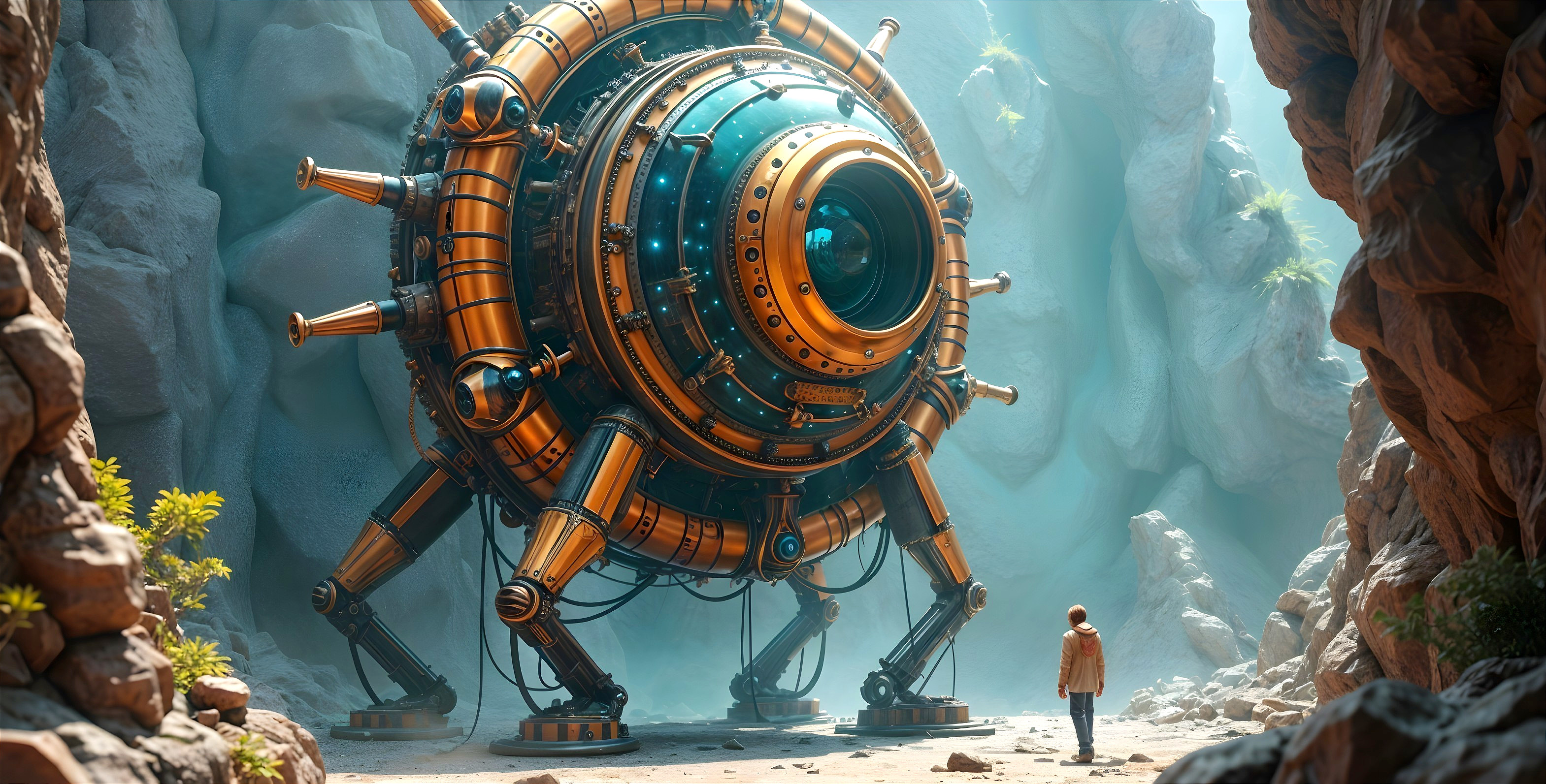 Steampunk Machine in a Mystical Cavern Setting