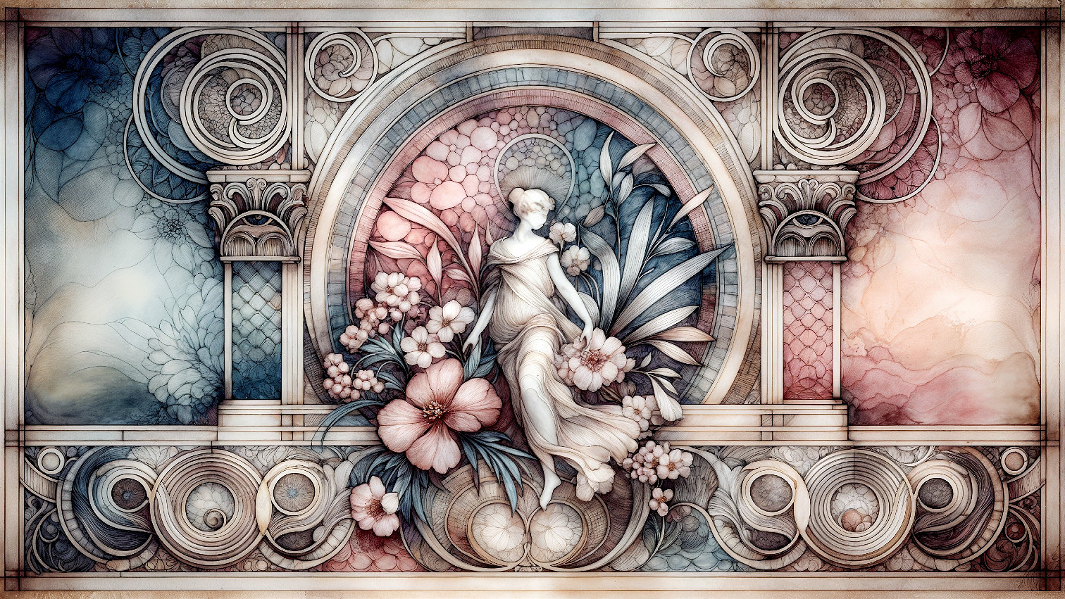 Intricate Artwork of Woman Surrounded by Flowers