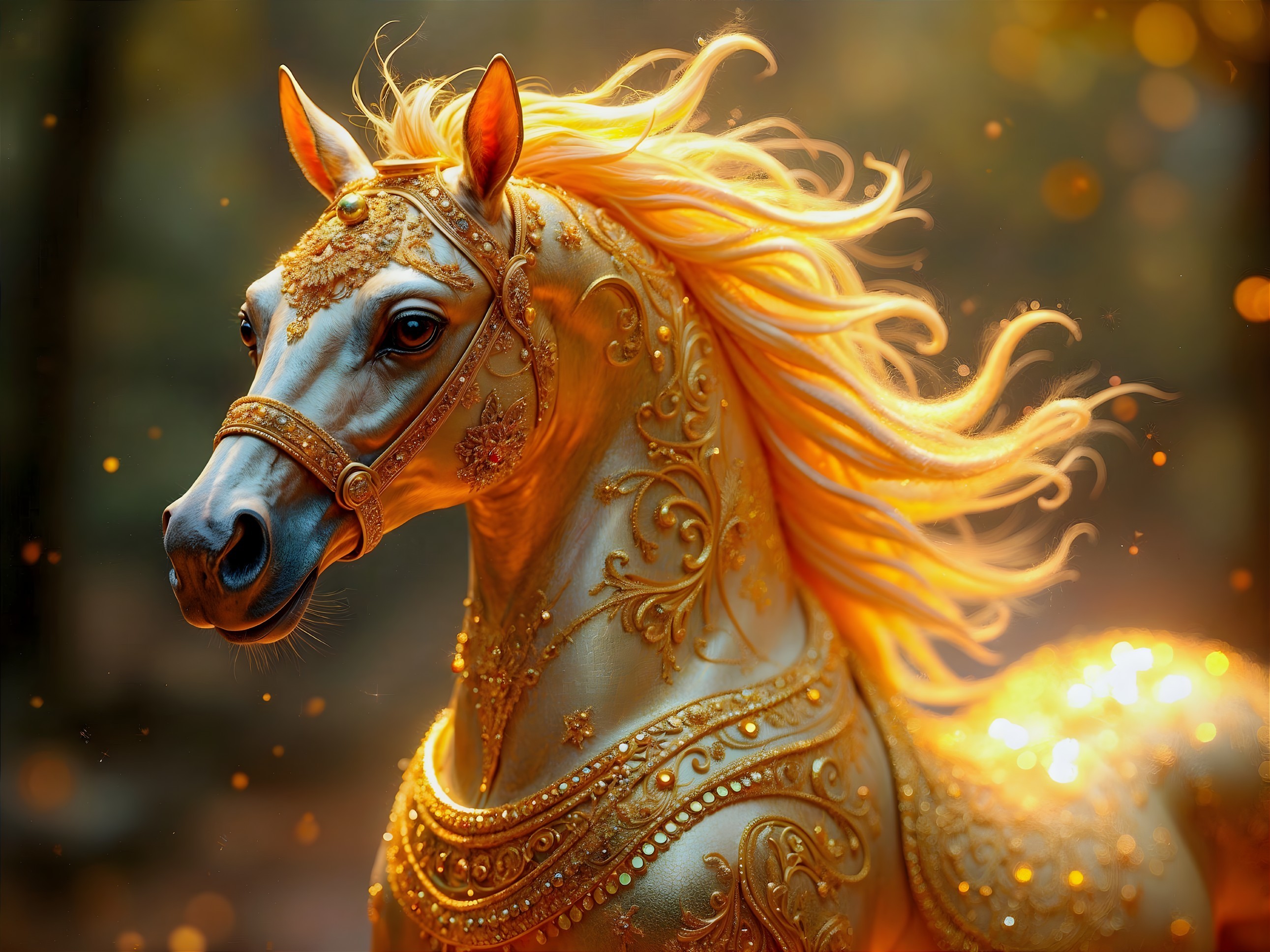 Golden-Coated Horse with Intricate Designs and Aura