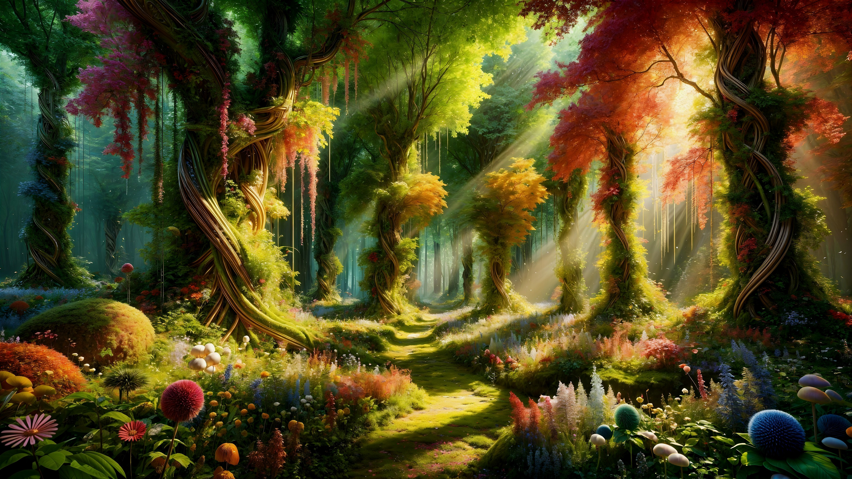 Vibrant forest scene with colorful blossoms and sunlight