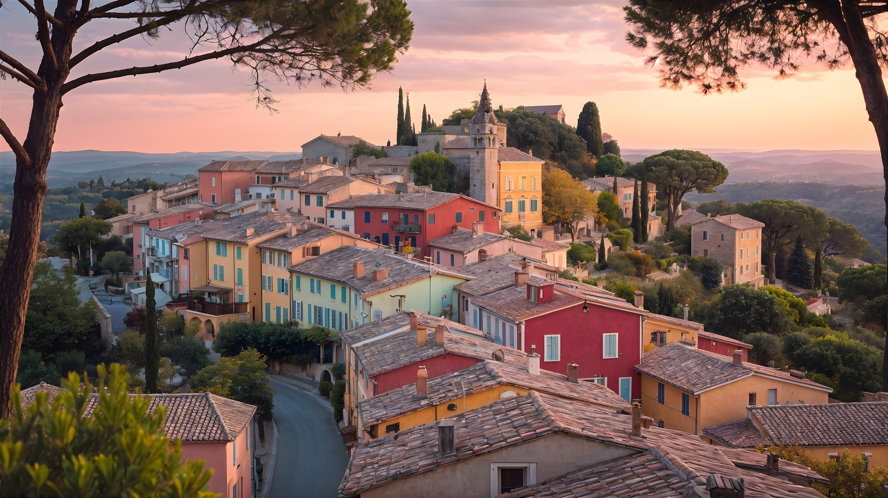Hillside Village with Colorful Houses at Sunset